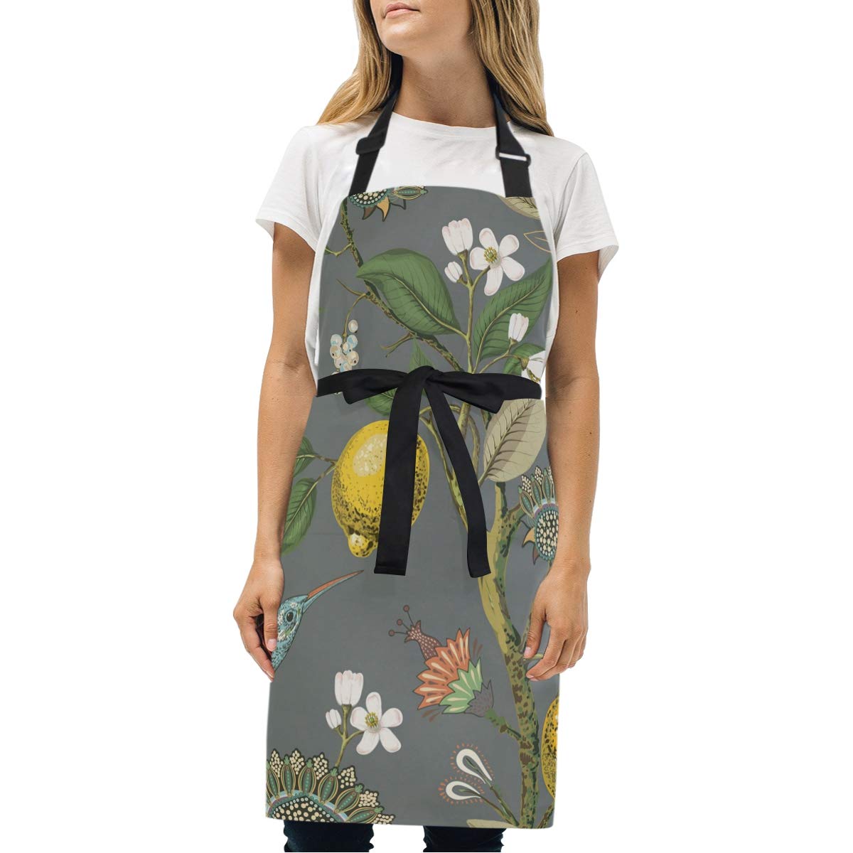 ALAZA Adjustable Apron with 2 Pockets - Floral Lemon & Hummingbird Design for Women & Men - Perfect for Cooking, Gardening, Baking, and DIY Projects