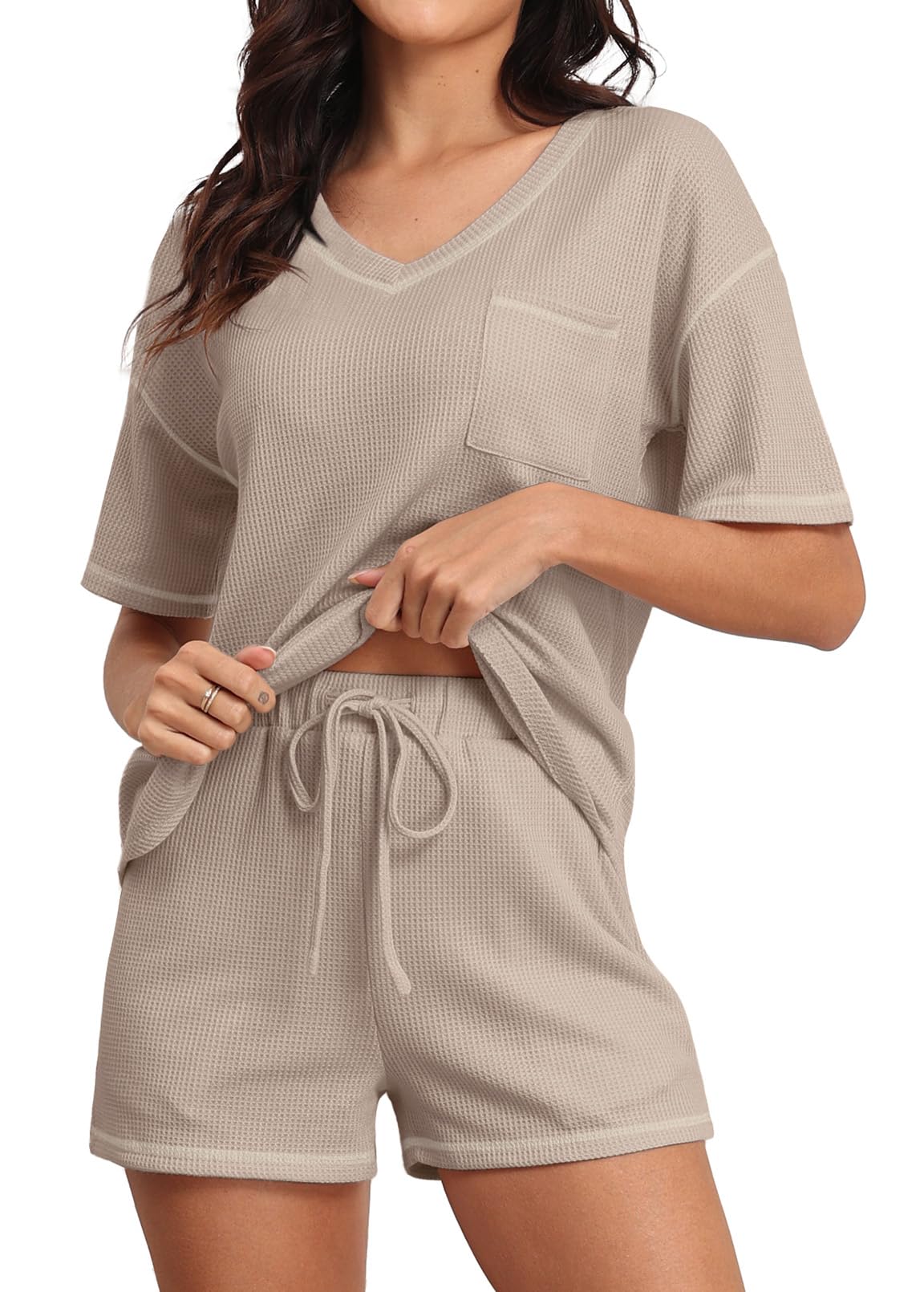 PrinStory Women's Waffle Knit Pajama Set - Short Sleeve Top & Shorts Lounge Outfit with Pockets | Soft Sleepwear for Nighttime & Cozy Loungewear for Home Relaxation