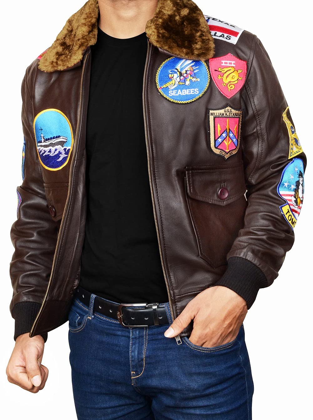 Men's Tom Cruise USAAF G1 Aviator Pilot Leather Jacket with Removable Fur Collar - Black/Brown Genuine & Faux Leather - Vintage Bomber Jacket for Casual Wear & Aviation Enthusiasts