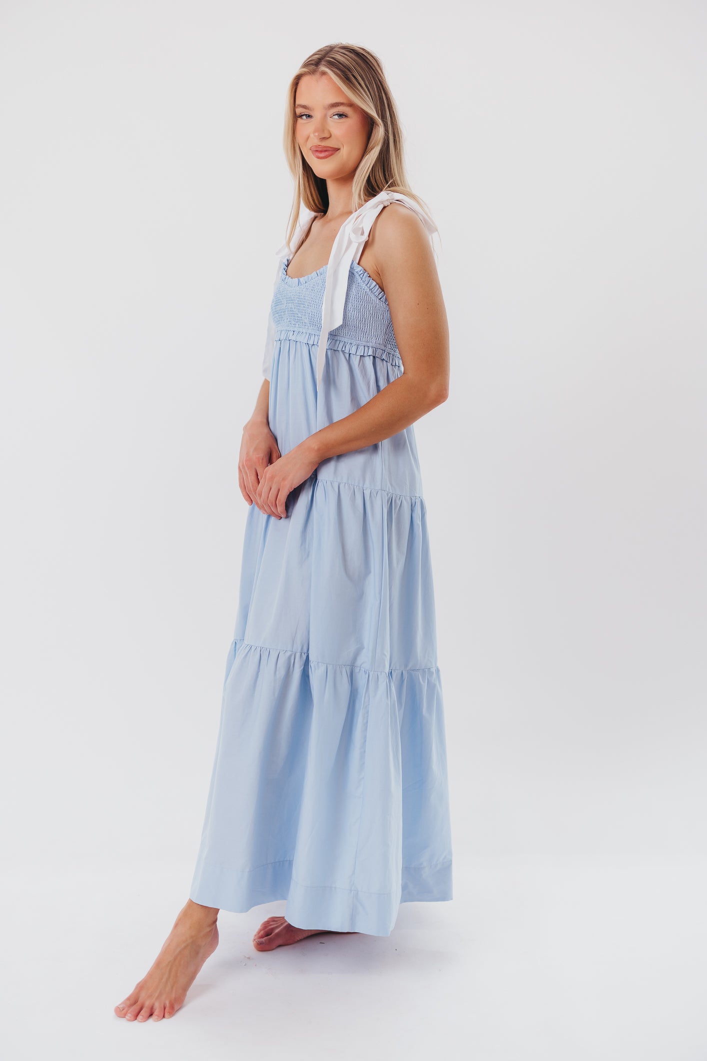 Chambray & Ivory Amber Maxi Dress for Women - Elegant Long Flowy Summer Dress for Beach, Wedding, or Casual Outings