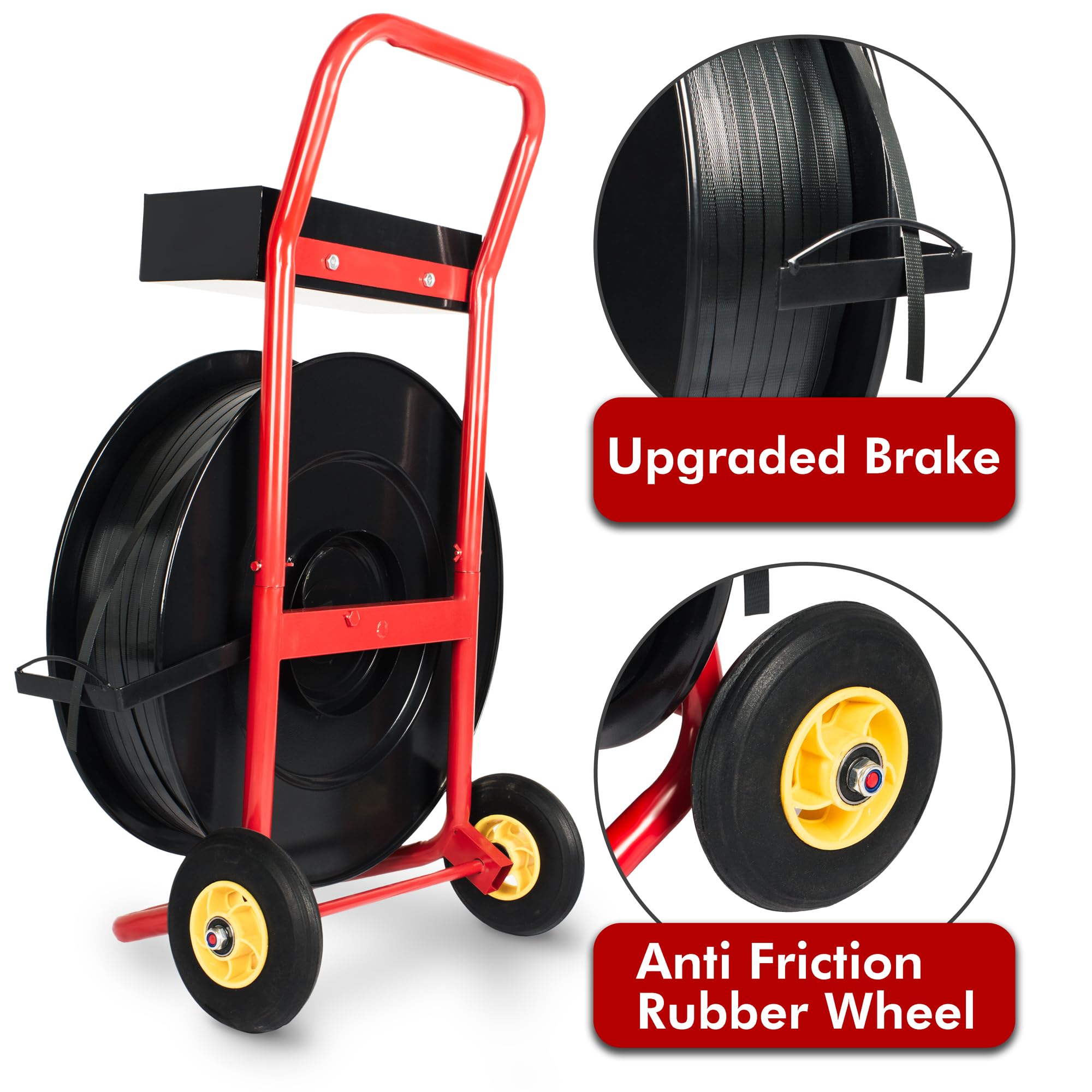 Premium Strapping Dispenser with Built-in Tray - Heavy Duty for Polypropylene, Fiber & Steel Strapping - Mobile Banding Cart for Secure Shipping & Logistics