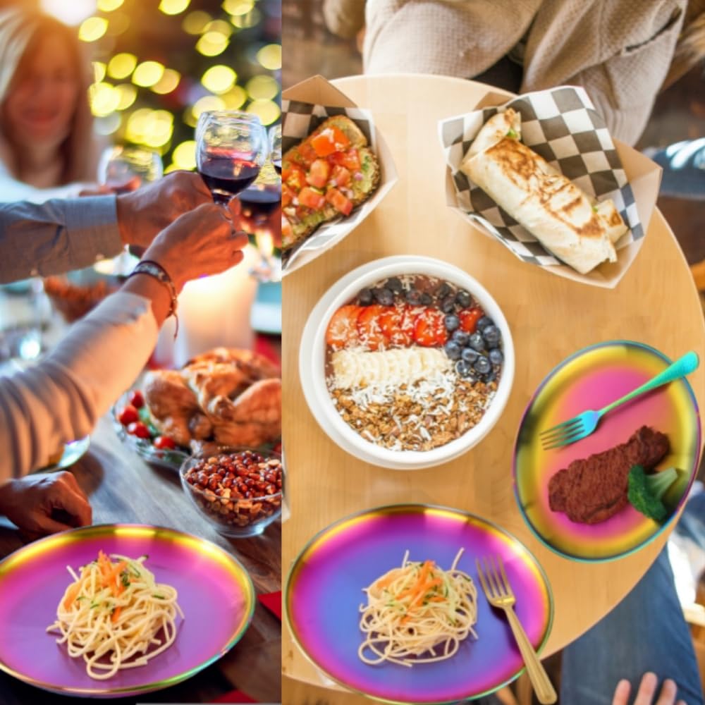 4-Piece Stainless Steel Plates Set - 9.1 Inch Unbreakable Rainbow Platters for Camping & Dishwasher Safe