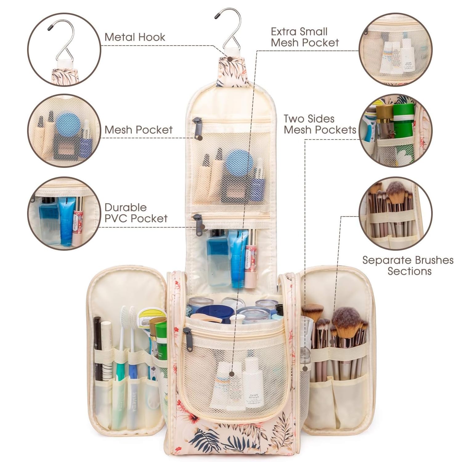 Narwey Hanging Travel Toiletry Bag for Women - Waterproof Makeup Organizer with Multiple Pockets, Perfect for Cosmetics & Toiletries (Medium, Beige Bird) - Ideal for Air Travel, Camping & Gym Essentials