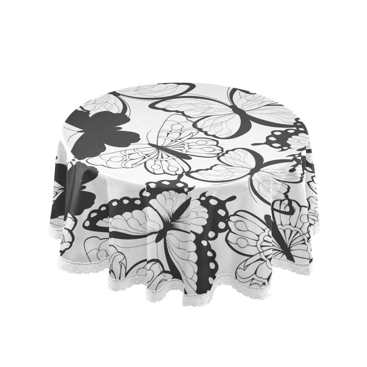 60 Inch Round Tablecloth - Black & White Butterfly Design Polyester Circular Table Cover for Dinner, Holiday, Banquet, Wedding & Buffet - Perfect for Indoor & Outdoor Dining Events