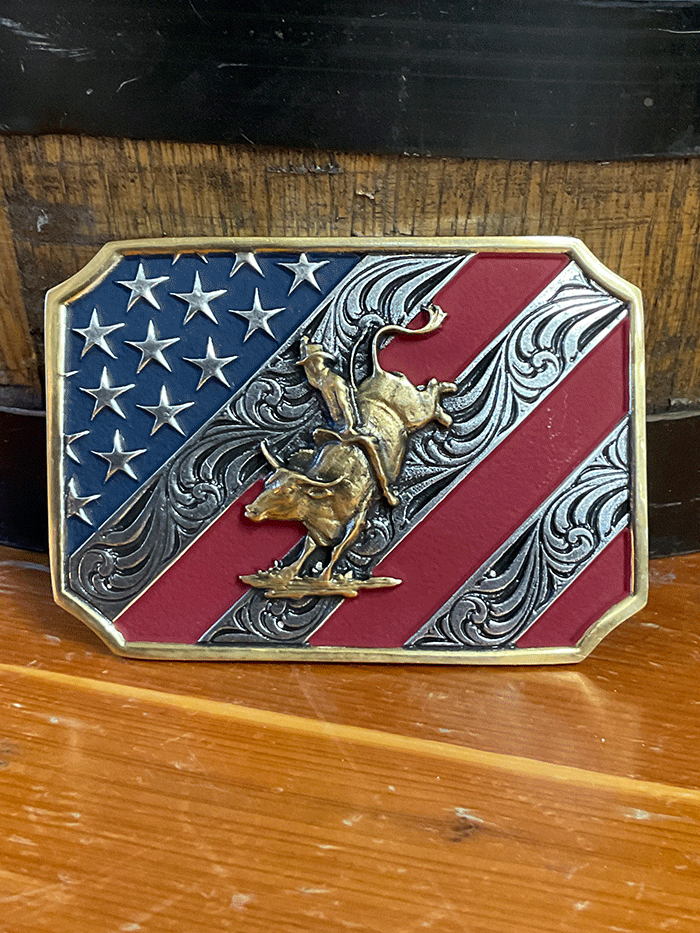 Montana Silversmiths A865 Men's Patriot Bull Rider Attitude Belt Buckle with American Flag Design - Perfect for Rodeo, Western Fashion & Patriotic Style