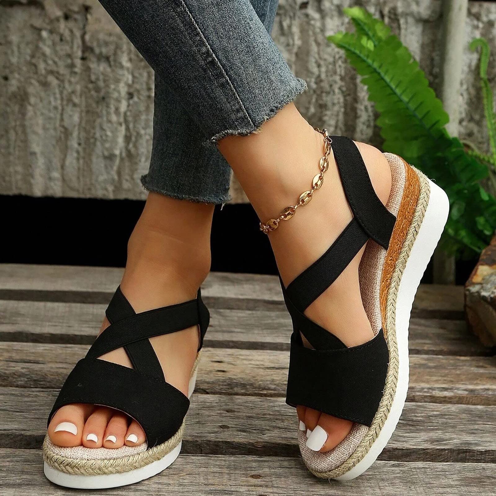 EMRELOD Women's Comfortable Orthopedic Wedge Sandals with Ankle Strap - Platform Espadrille Summer Shoes for Beach, Walking & Casual Outfits (Low Heel, Strappy Design, Bronze, Size 9) | Perfect for Vacations, Date Nights & Summer Fashion