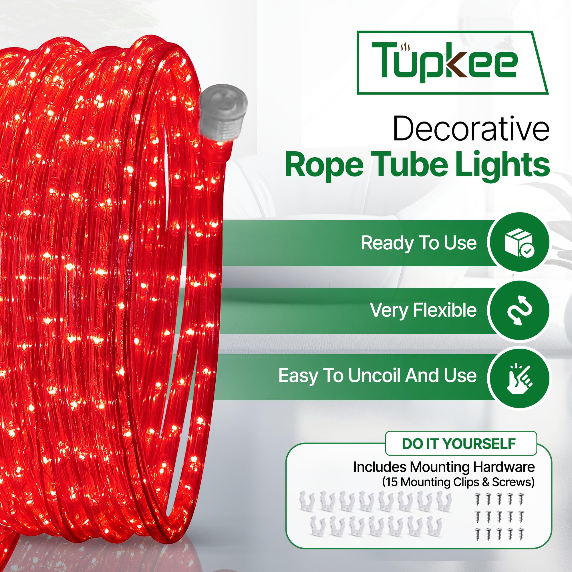 Tupkee 24ft Red LED Rope Lights - 144 Ultra-Bright LEDs, 10mm Diameter Waterproof Indoor/Outdoor Decorative Lighting (2 Pack) - Perfect for Christmas, Parties, Patio, Garden & Home Decor