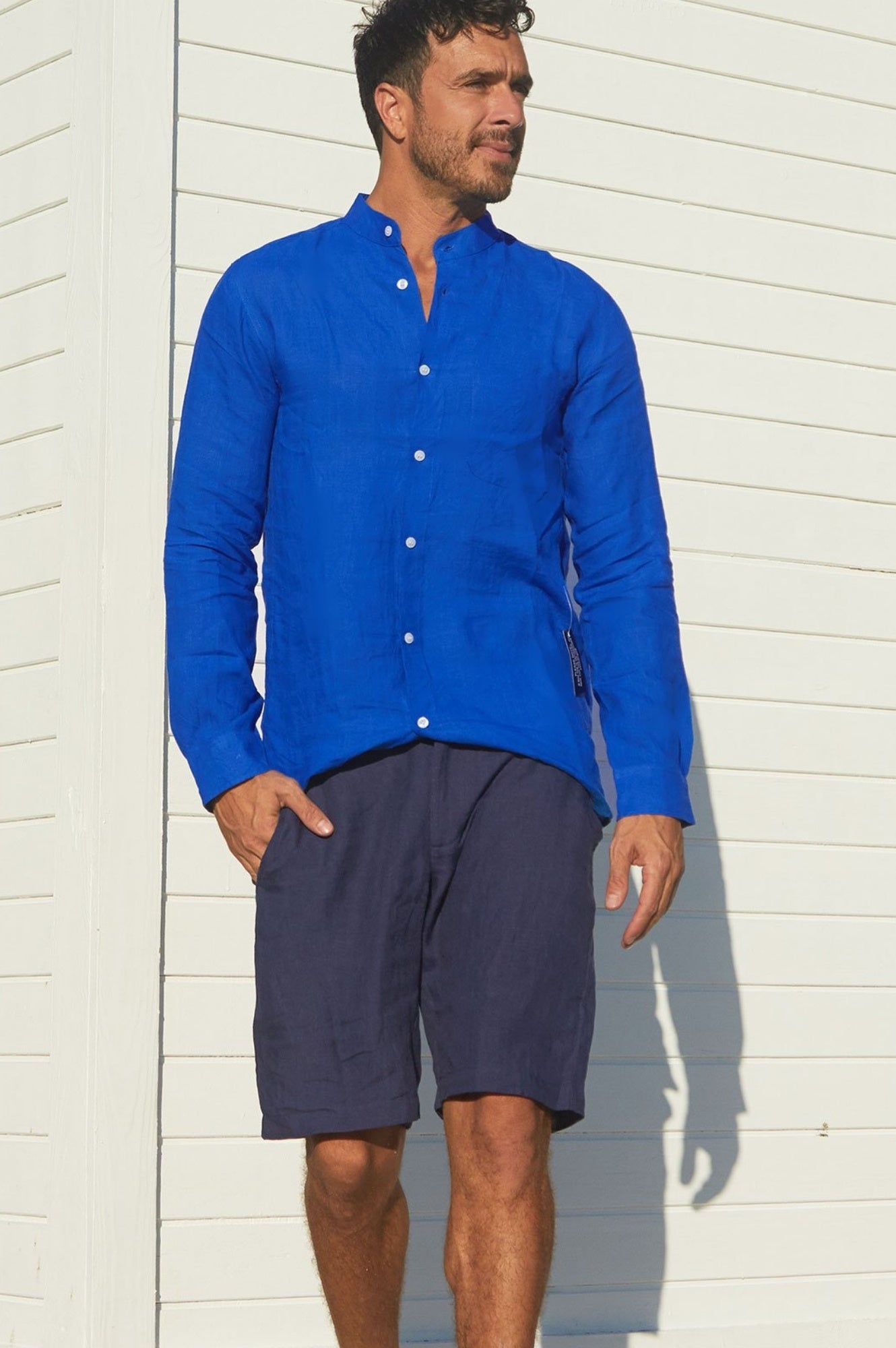 Premium Men's Nehru Collar Linen Shirt - Breathable Cobalt Blue Summer Casual Shirt for Office Wear & Outdoor Events