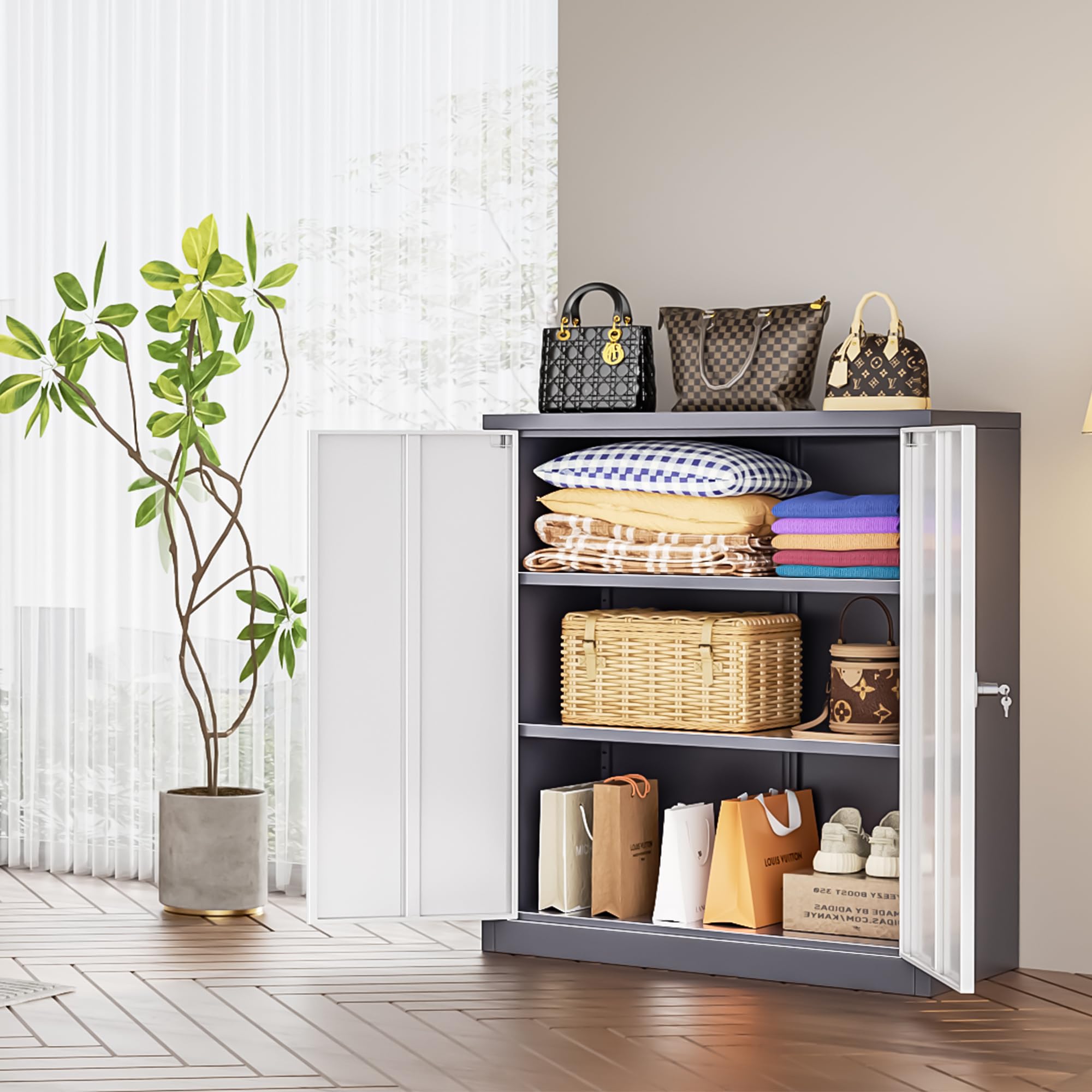 INTERGREAT 2-Door Lockable Metal Storage Cabinet with Shelves - White & Gray Steel Cabinet for Office, Garage, Home & Shop - Secure Storage for Tools, Files & Supplies