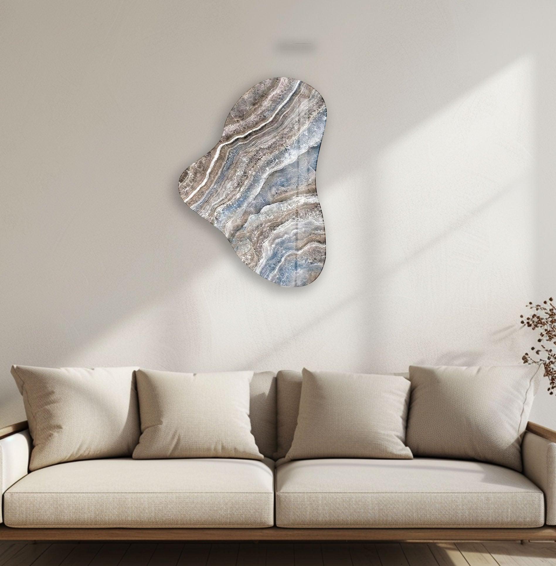 Blue & Beige Marble Asymmetric Glass Wall Art - Modern Abstract Home Decor for Living Room, Bedroom & Office - Perfect for Contemporary Interior Design