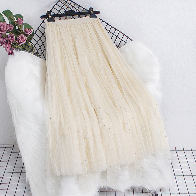 Beaded Petal Mesh Skirt - High Waist Midi Swing Skirt for Women, Elegant Floral Lace Design, Plus Size Large, Perfect for Parties, Weddings & Special Occasions