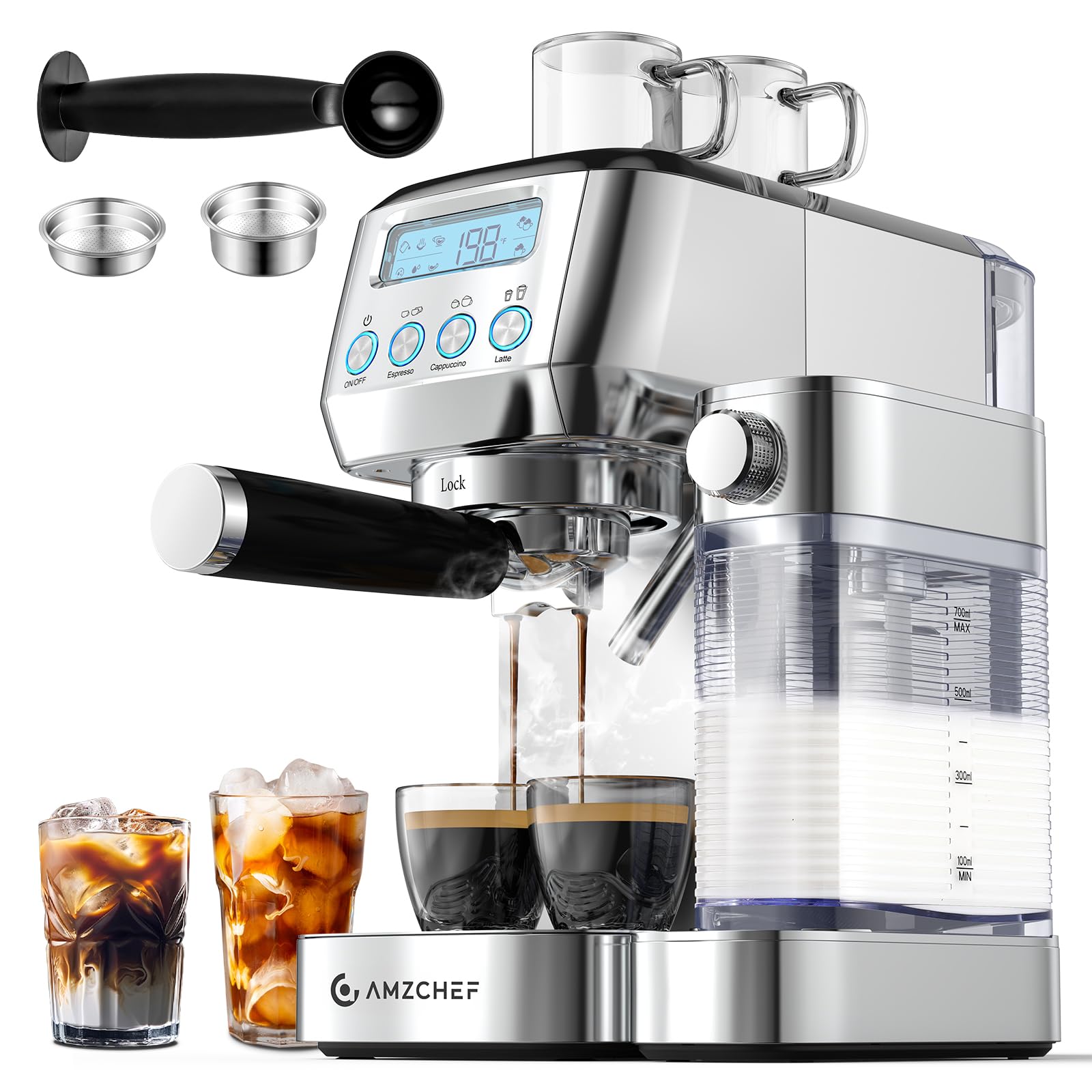 AMZCHEF 20 Bar Espresso Machine with LCD Display & Automatic Milk Frother - Stainless Steel Cappuccino & Latte Maker for Home Baristas | Perfect for Gifts, Coffee Shops & Office Break Rooms