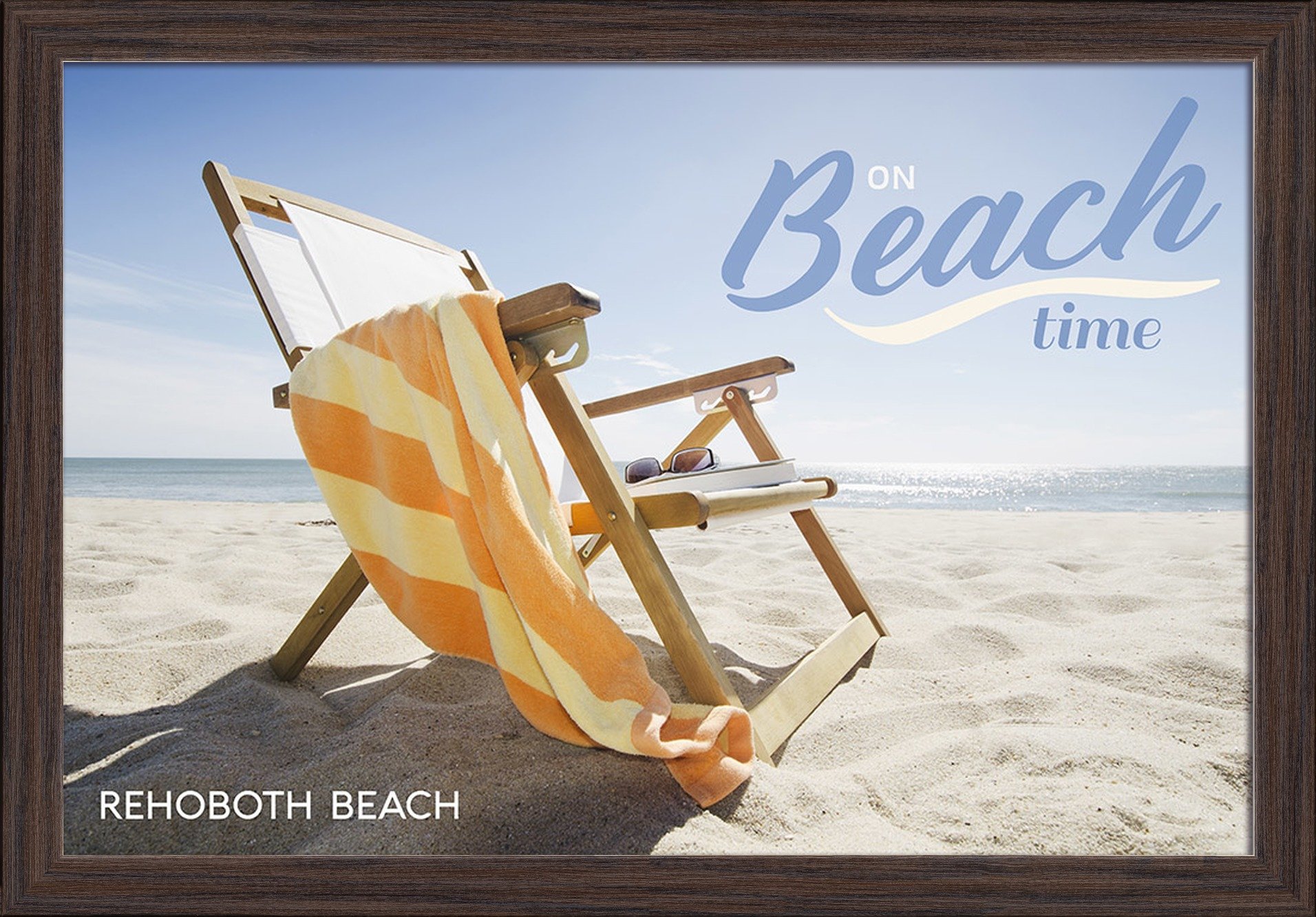 Deluxe Folding Beach Chair - 16x24 Giclee Fine Art Print with Recycled Wood Frame in Espresso Brown - Perfect for Rehoboth Beach, Delaware & Coastal Relaxation