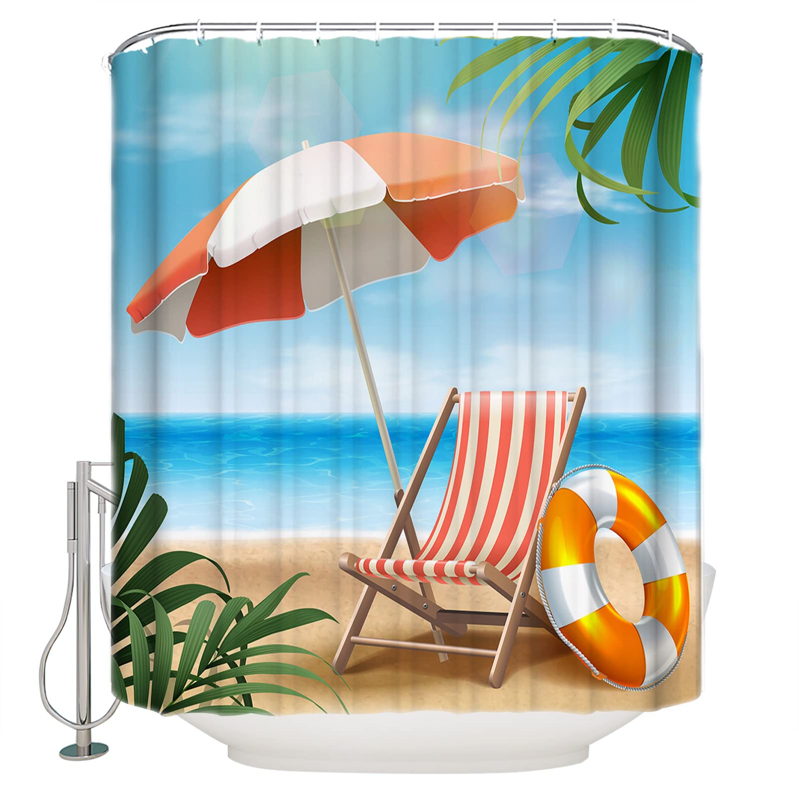 Waterproof Shower Curtain with 12 Hooks - 60x72 Inch Bathroom Decor with Palm Tree Beach Design for Showers & Bathtubs | Perfect for Summer Vacation, Coastal Bathroom Theme, and Tropical Home Decor