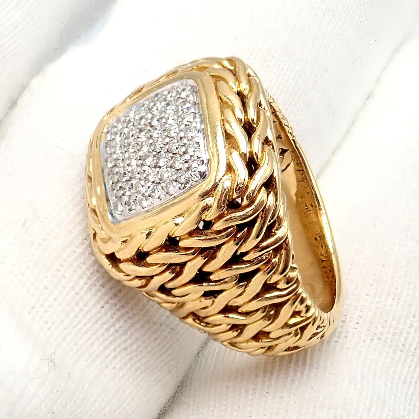Authentic John Hardy JH 18K Yellow Gold Diamond Square Signet Signature Ring for Men & Women - Luxury Jewelry Gift for Anniversary, Wedding & Special Occasions