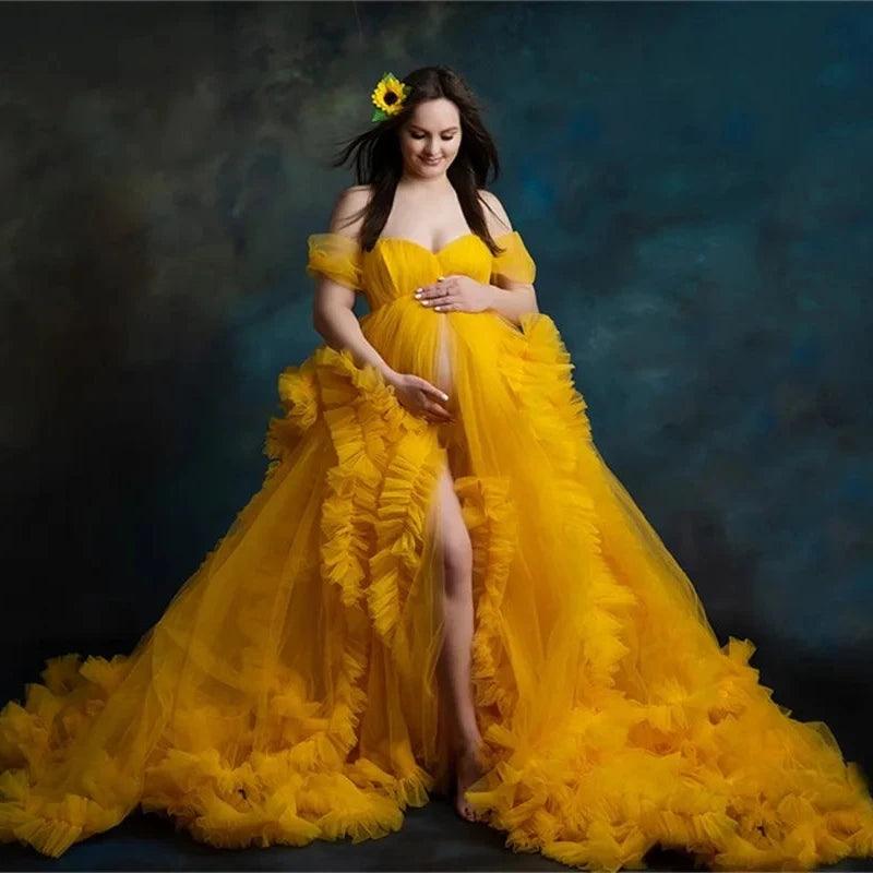 Elegant Ruffled Tulle Maternity Dress for Photoshoots | Puffy Mesh Sweetheart Neckline, Short Sleeves, Custom Made Prom Gown | Perfect for Maternity Photos, Baby Showers & Special Occasions