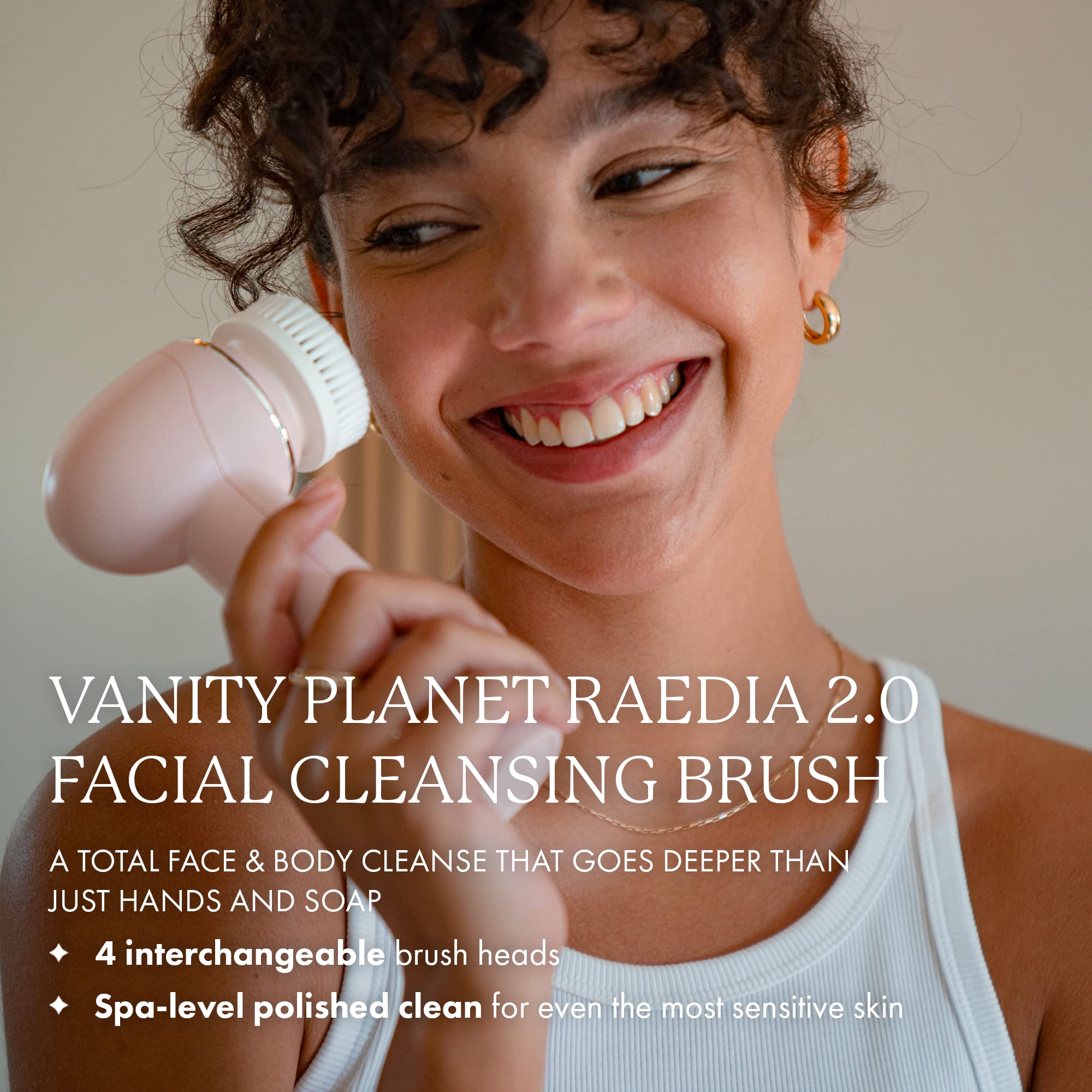 Vanity Planet Raedia 2.0 Facial Cleansing Brush with 4 Interchangeable Brush Heads - Pink Silicone Exfoliating Face Brush for Glowing Skin & Acne Treatment - Waterproof & Lightweight for Daily Skincare Routine - Perfect for Travel, Shower & Spa Use