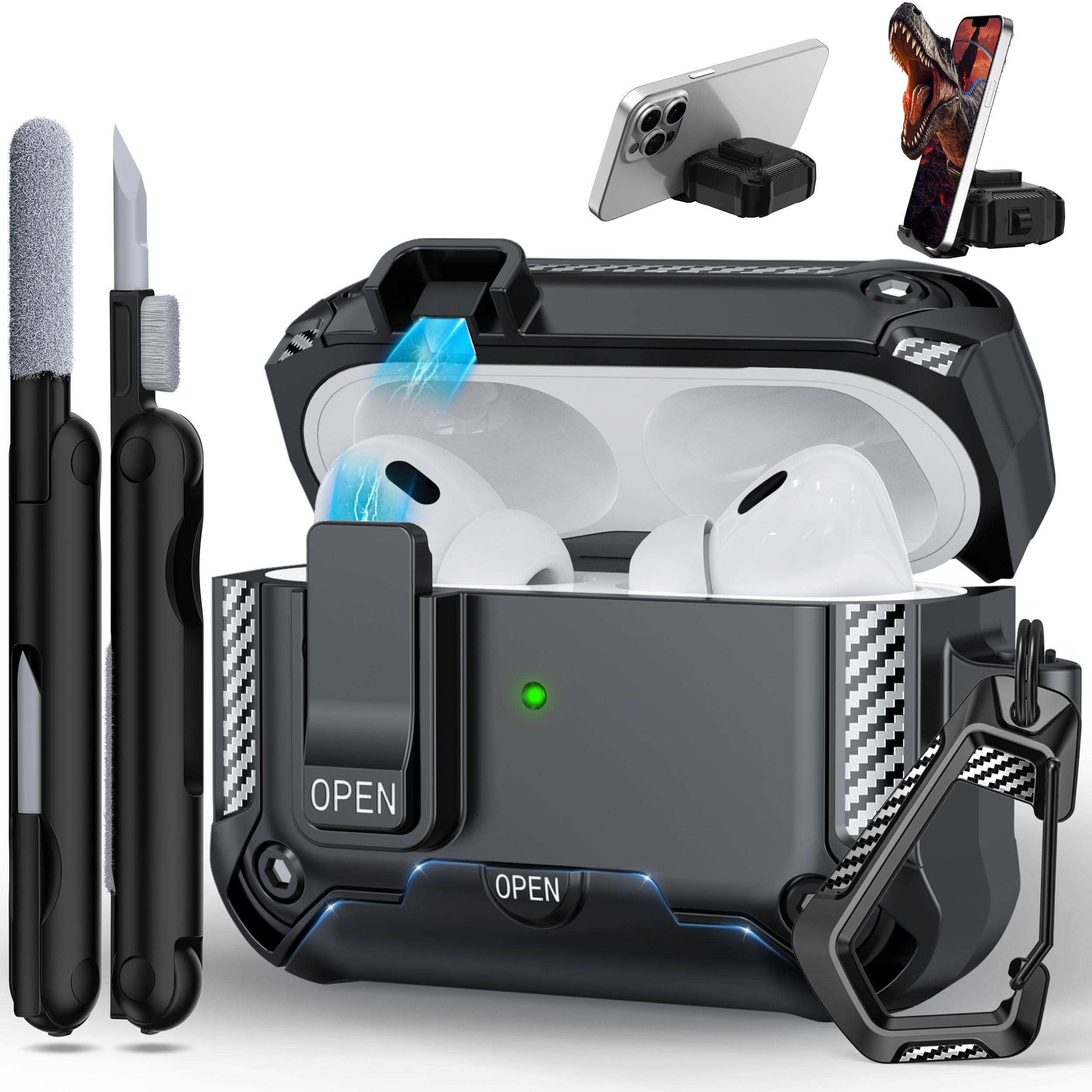 RFUNGUANGO Protective Case for AirPods Pro 1 & 2 with Cleaning Kit & Phone Holder - Black | Shockproof Cover for Wireless Earbuds | Perfect for Gym, Travel & Daily Use