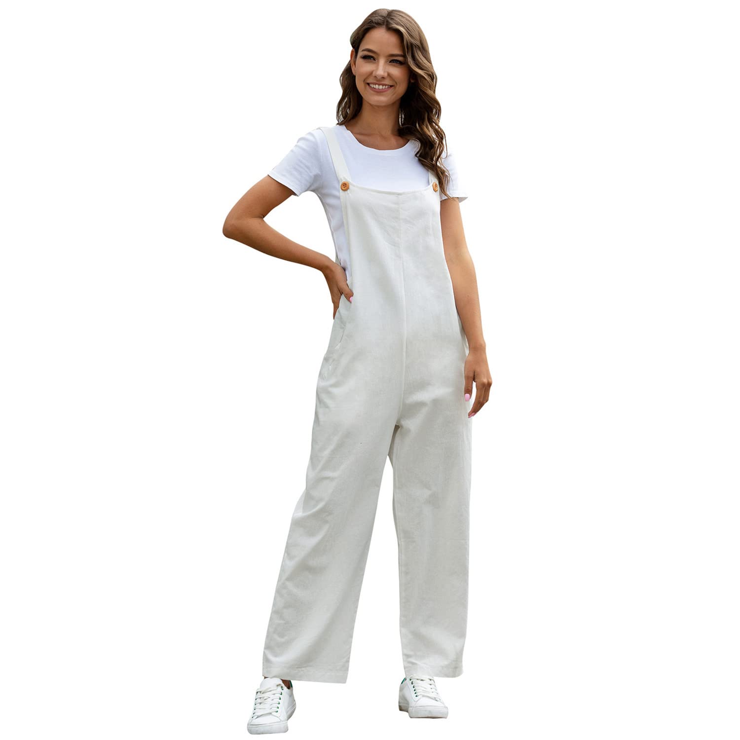 Women's Adjustable Strap Cotton Romper Jumpsuit - Summer Casual Loose Fit Overalls with Pockets, Long Bib & Wide Leg Pants | Perfect for Beach Outings, Picnics, and Everyday Wear