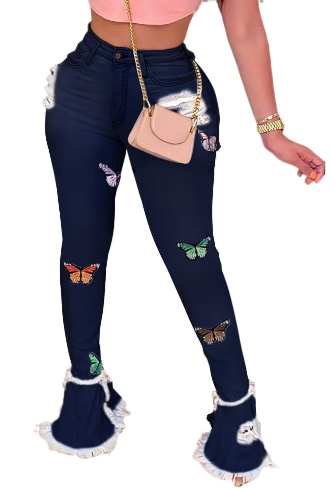 Women's Ripped Flare Jeans - Elastic Waist Raw Hem Denim Pants for Casual Outfits