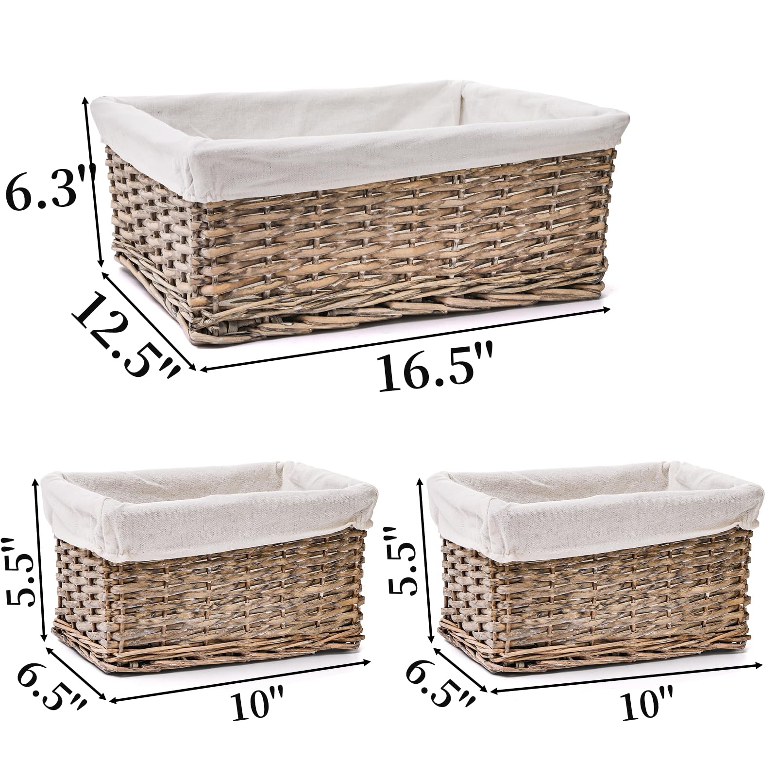 3 Pack Handwoven Wicker Storage Baskets with Removable Lining - Decorative Nesting Bins for Toilet Paper, Pantry & Bathroom Organization - Perfect for Bedroom, Closet & Countertop Storage (Natural, Rectangle) | Space-Saving Home Decor Solution