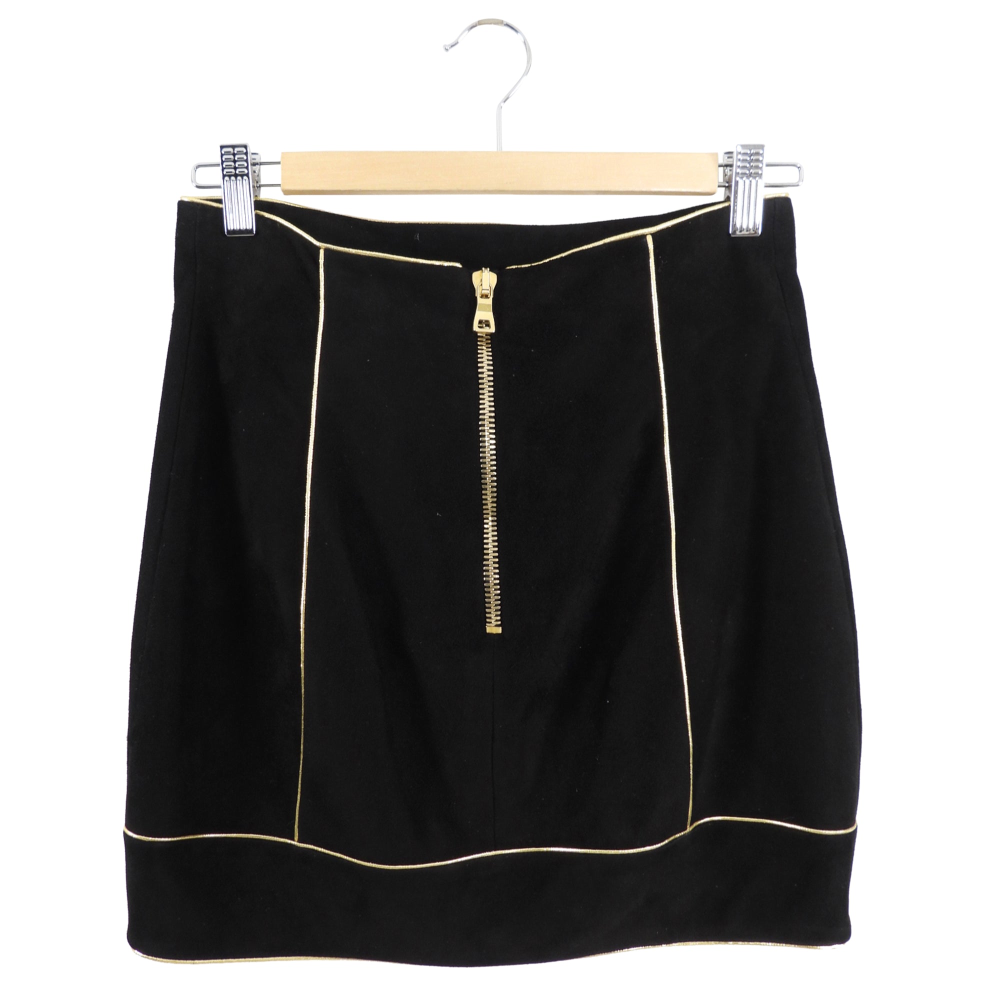 Balmain Black Suede Mini Skirt with Gold Trim - Size FR36 / US 4 - Perfect for Night Out, Party & Special Occasions