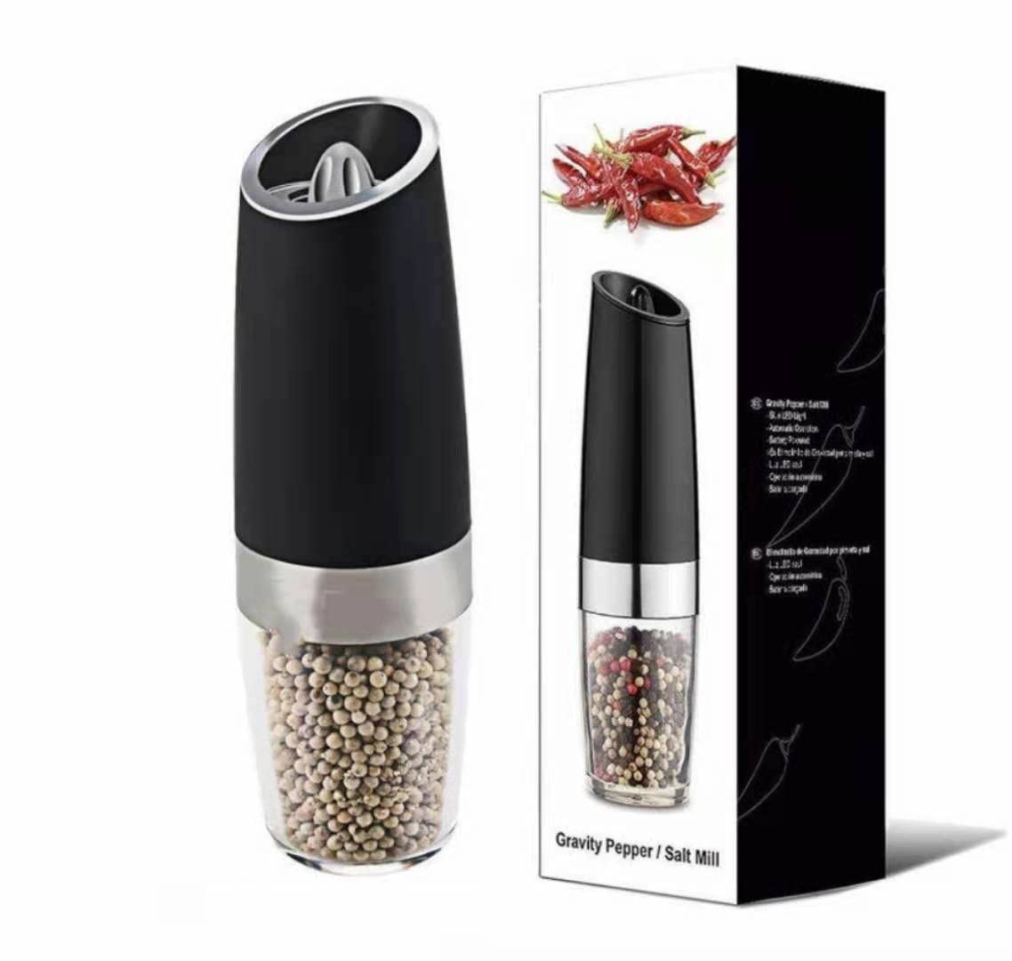 Premium Electric Gravity Pepper & Salt Grinder Set - Adjustable Coarseness, Battery Powered with LED Light - Stainless Steel Mill with Stand (Black/Blue) - Perfect for Kitchen, Dining Table & Gourmet Cooking