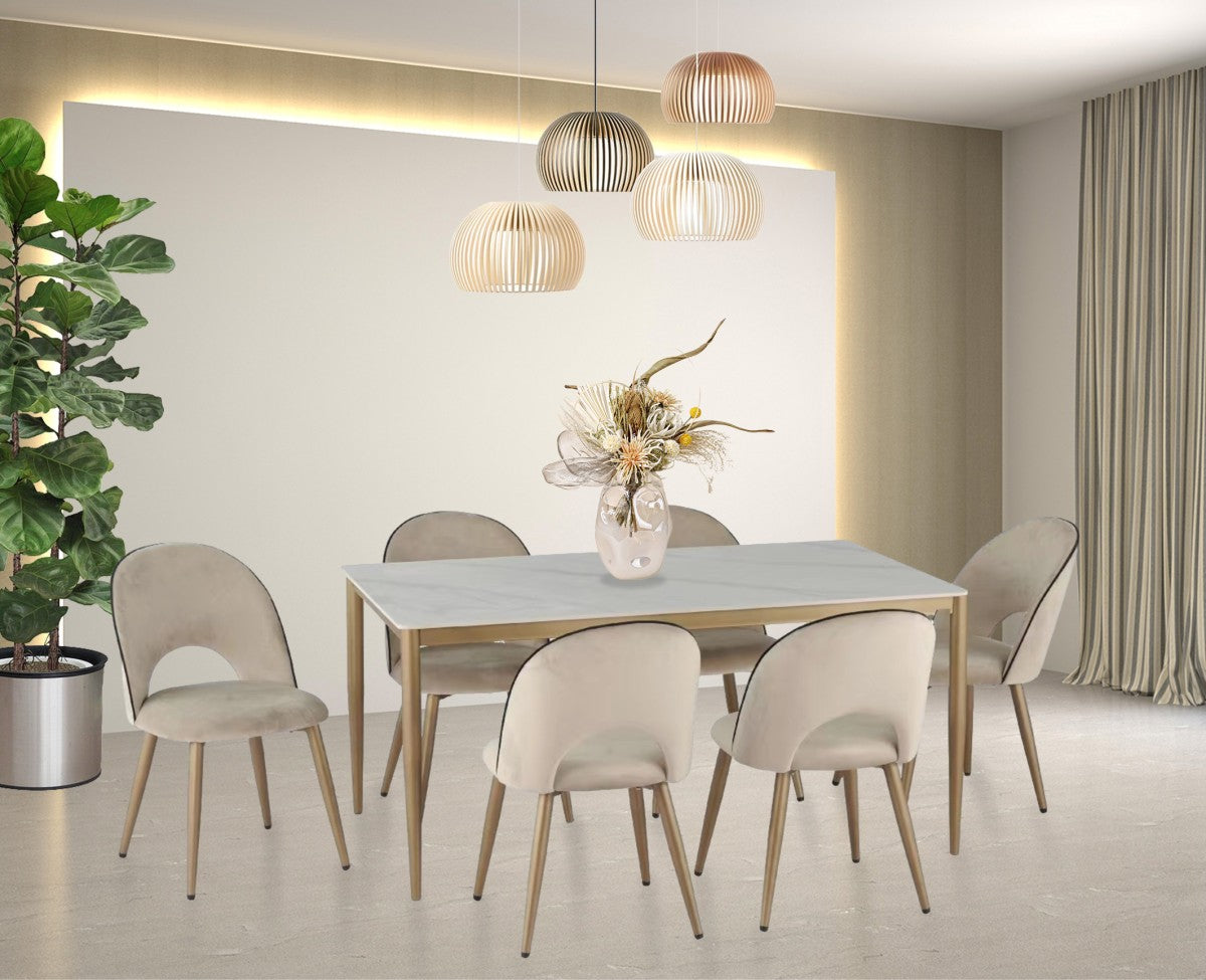 7-Piece Modern Dining Set - White, Gold & Beige - Perfect for Small Spaces, Kitchen Nooks & Apartment Living