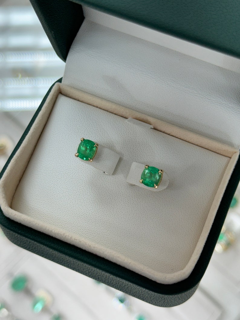2.41tcw 14K Gold Vivid Green Emerald Cushion Cut Stud Earrings for Women - Luxury Birthstone Jewelry Gift for Mother's Day, Anniversary & Special Occasions