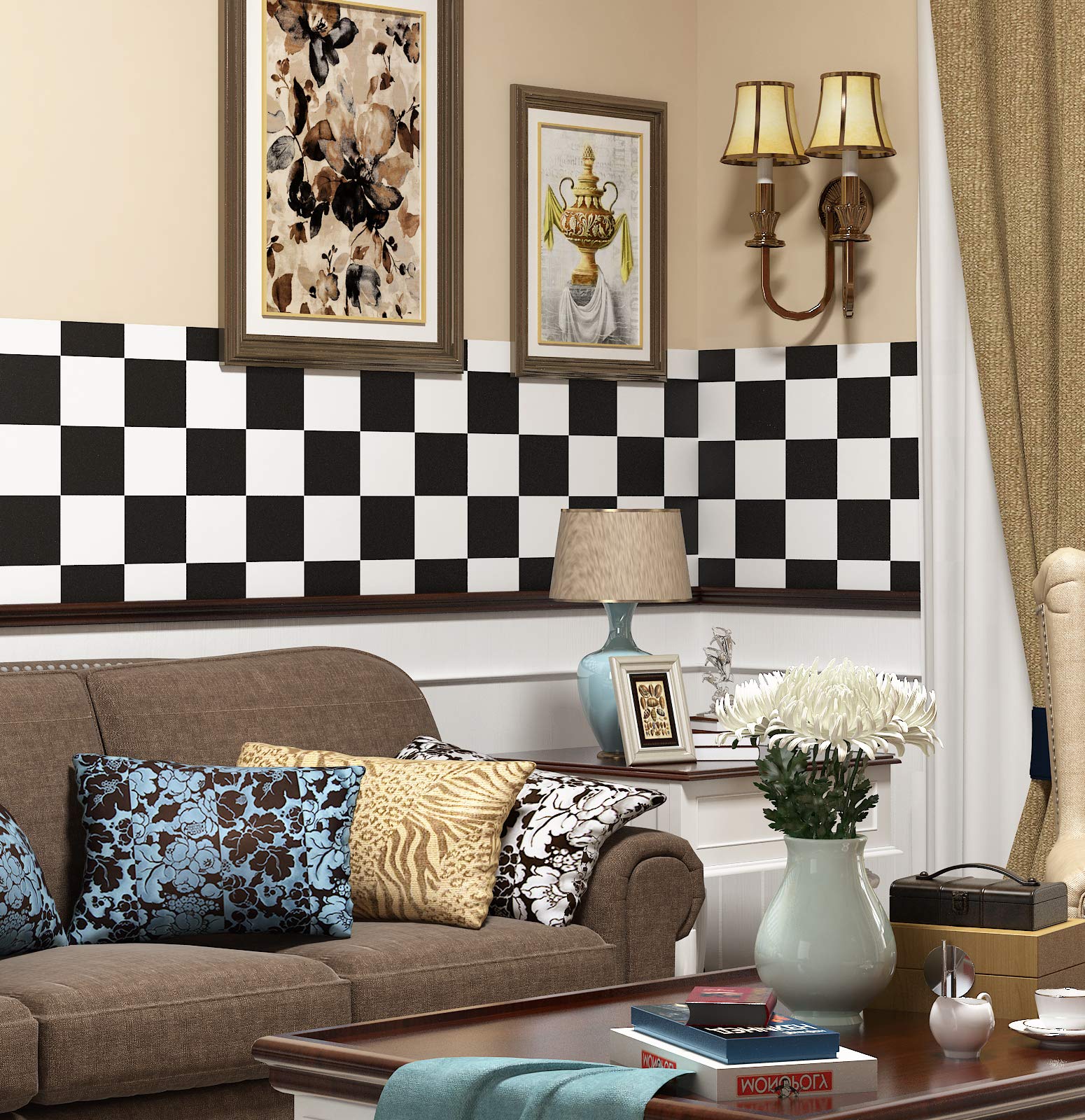 Livelynine 15.8x394 Inch Black & White Checkered Peel and Stick Vinyl Flooring - Waterproof Adhesive Contact Paper for RV, Kitchen, Bathroom Tiles | Easy DIY Floor & Wall Covering for Home Renovation & Decoration