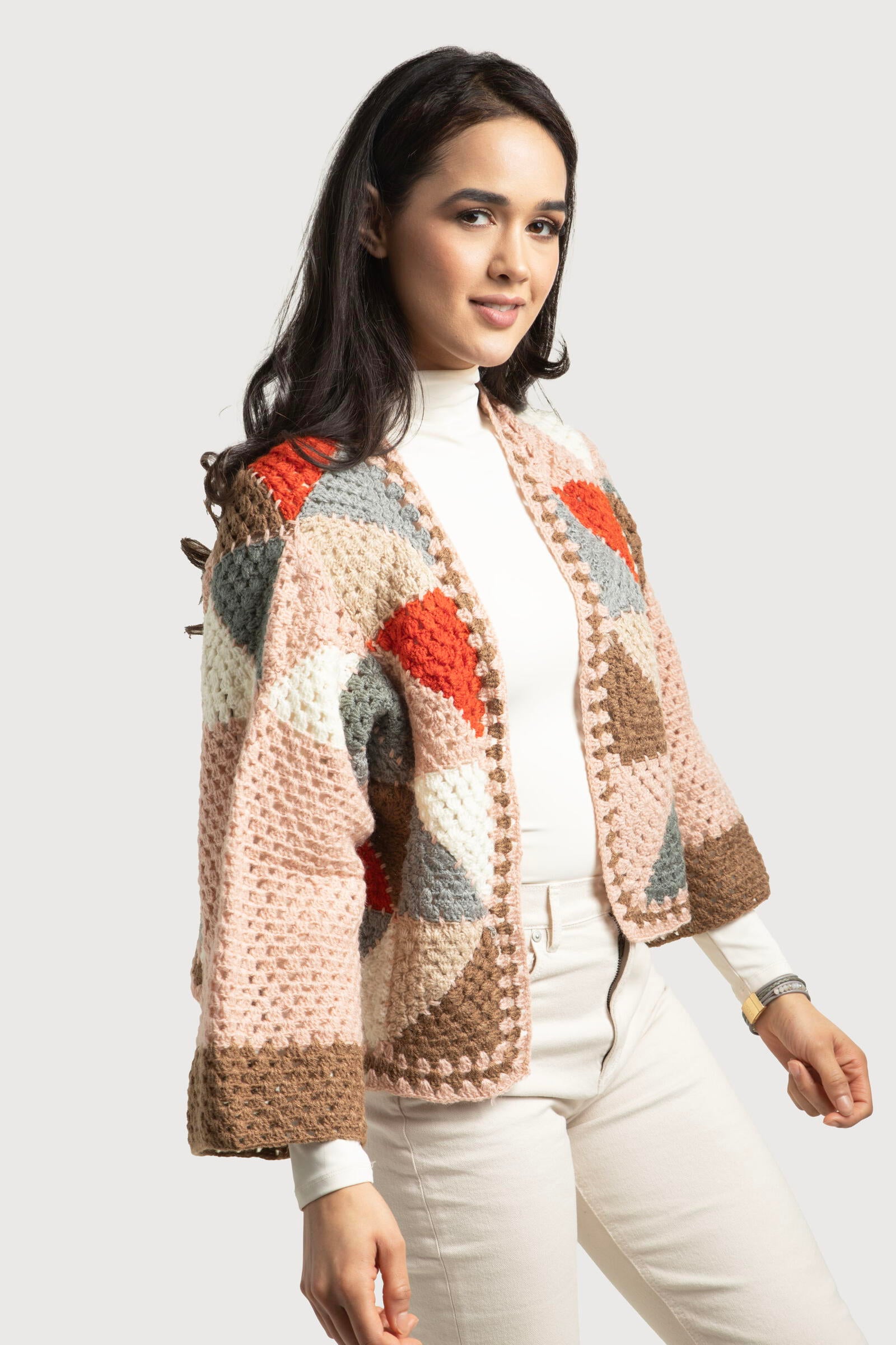 Handmade Crochet Geometric Short Jacket for Women - Boho Chic Outerwear for Spring & Summer - Perfect for Beach Cover-ups, Music Festivals, and Casual Outings