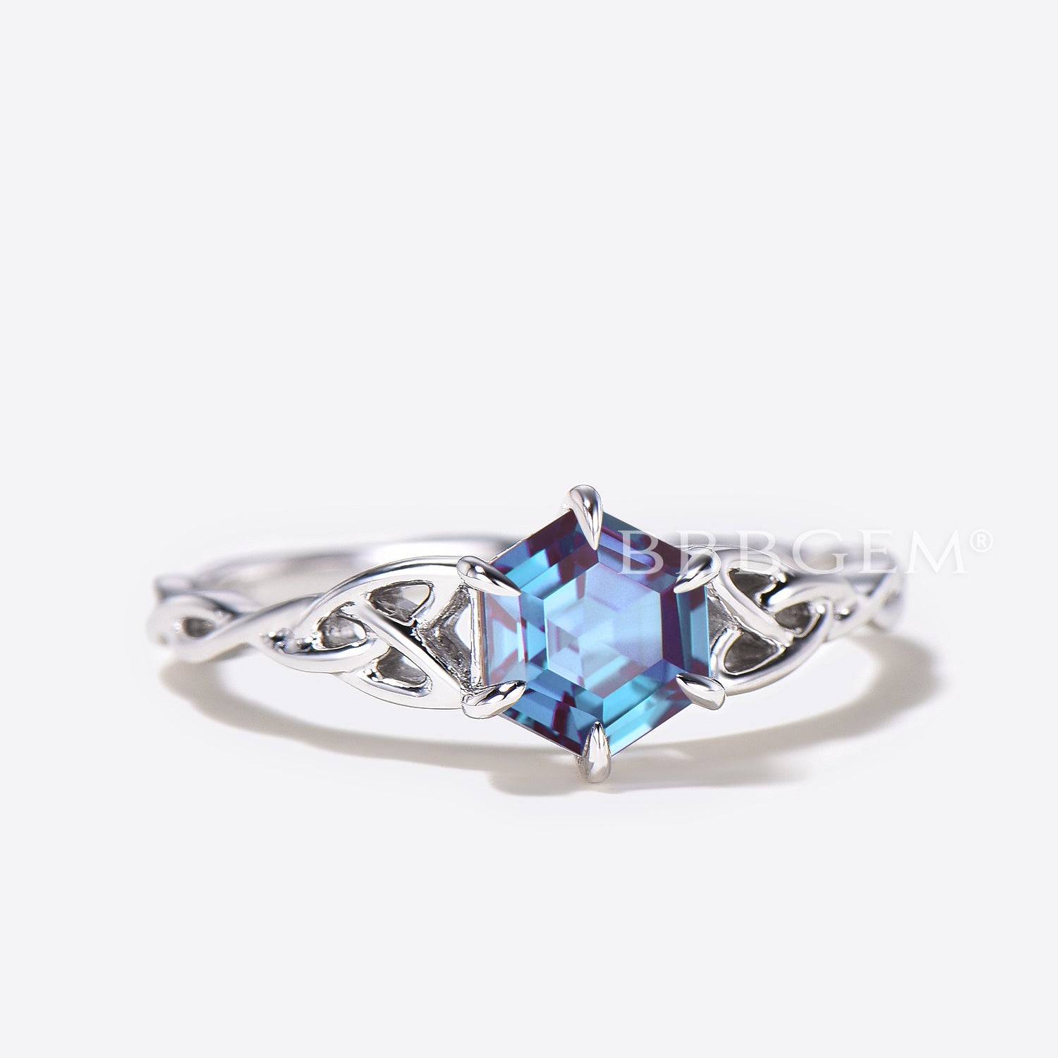 Hexagon Cut Color Changing Alexandrite Engagement Ring - Celtic Knot Solitaire Wedding Band for Women, Perfect for Proposals, Anniversaries & Special Occasions