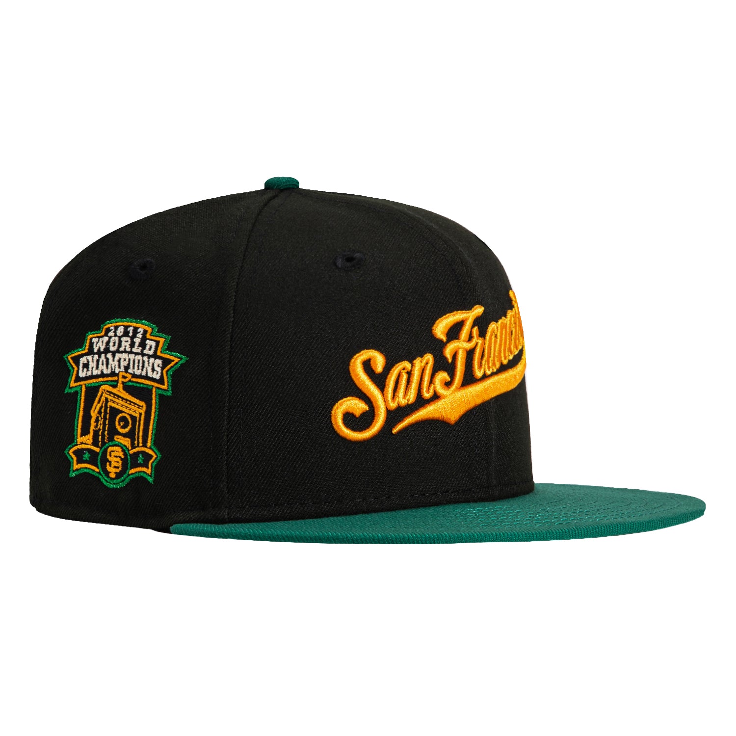 New Era 59Fifty San Francisco Giants 2012 World Series Champions Patch Script Hat - Black, Green & Light Orange Baseball Cap for Men - Perfect for Games, Fan Gear & Streetwear Fashion
