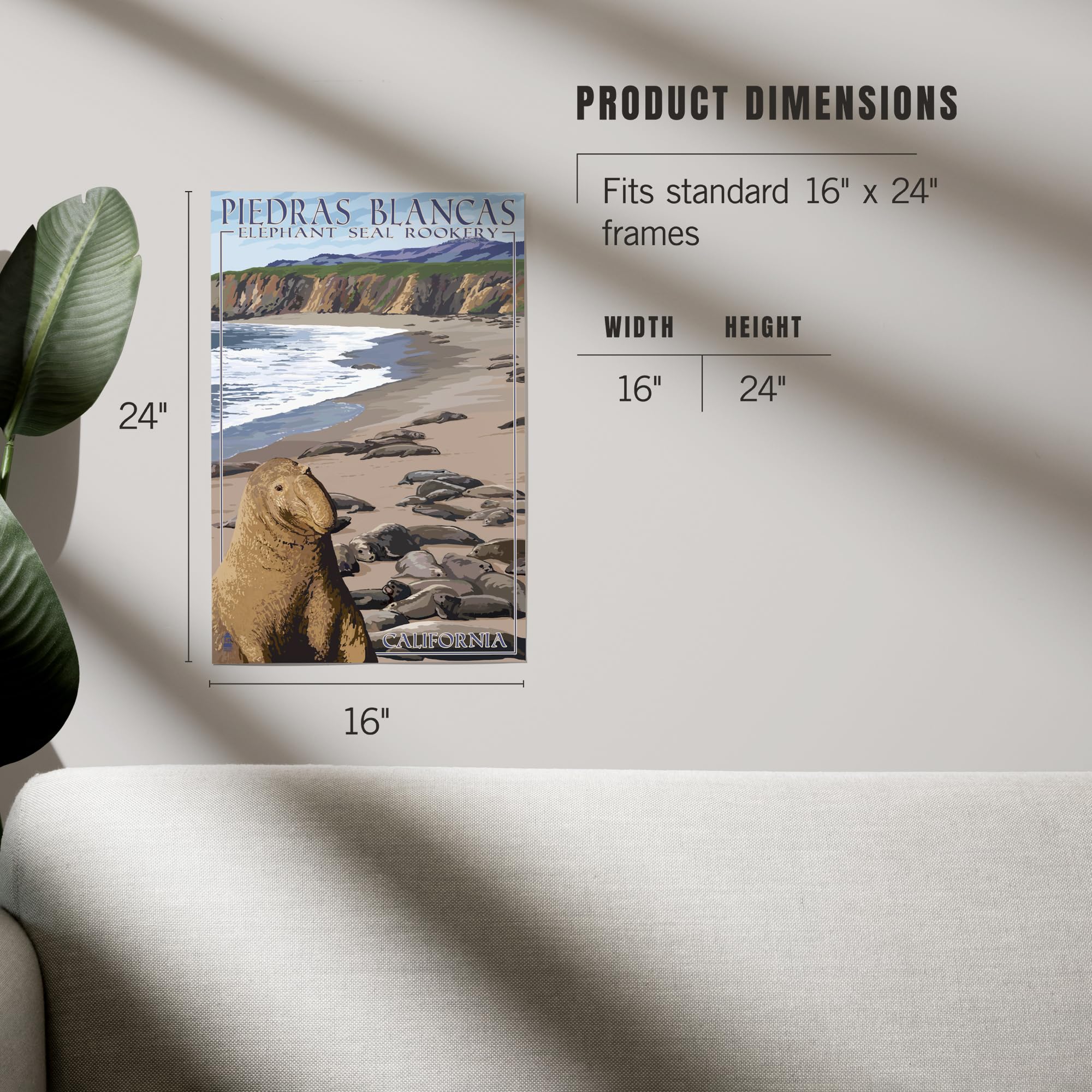 Lantern Press 16x24 Inch Giclee Art Print - California Coastal Landscape with Piedras Blancas Elephant Seals | Premium Wall Decor for Living Room, Office & Beach House