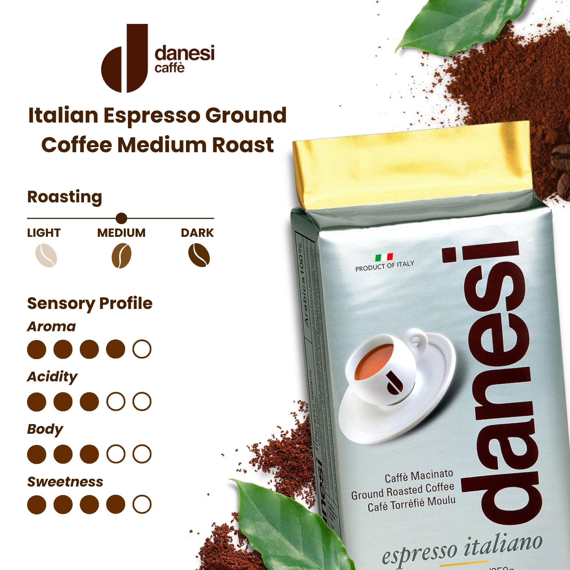 Danesi Caffe Italian Ground Coffee - Premium Medium Roast Espresso Blend for Moka Pot, French Press & Drip Coffee Makers - Rich Aroma & Smooth Taste - Perfect for Home Brewing, Office Use & Gifts (8.75 oz Pack)