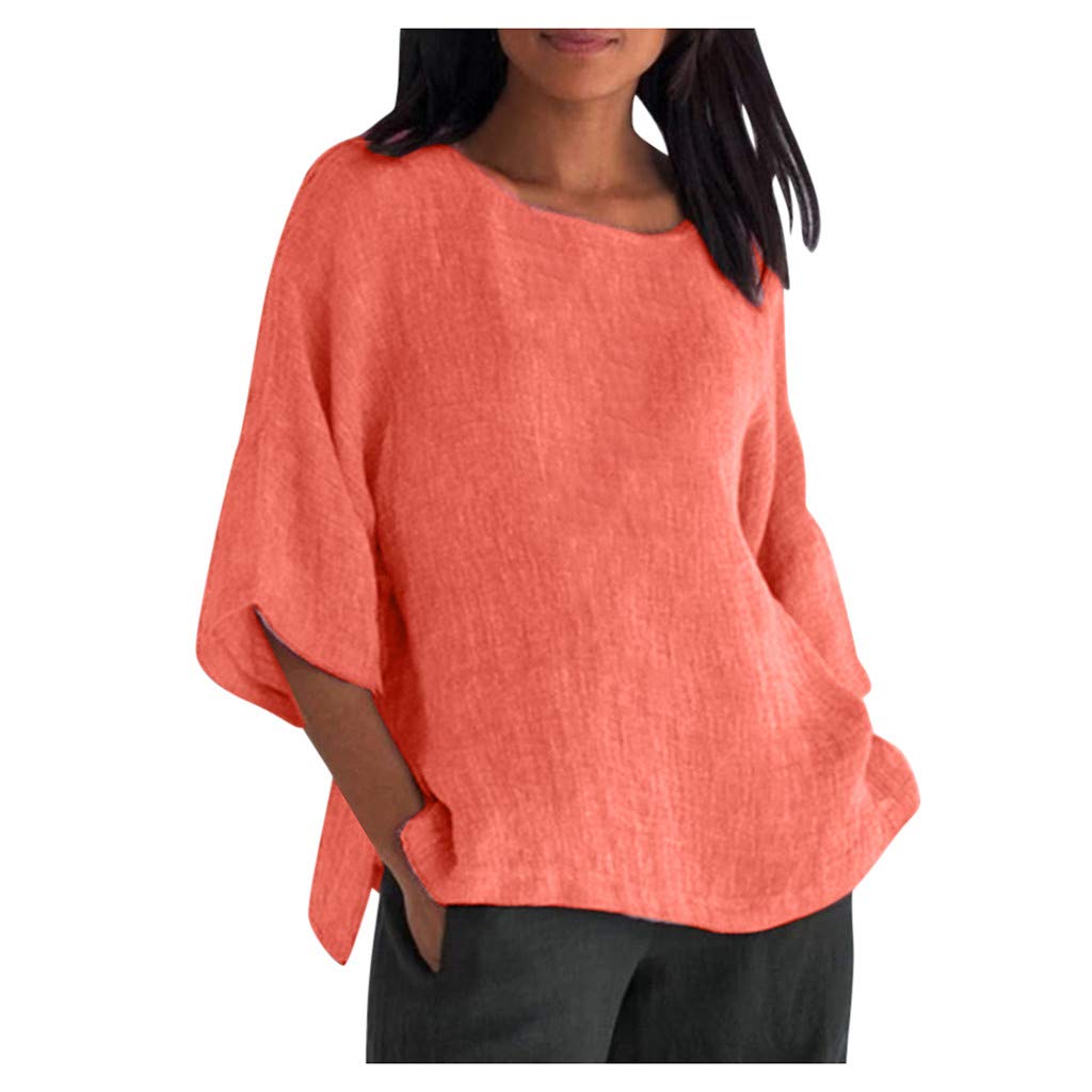 Women's Casual Cotton Linen Shirt - 3/4 Sleeve Crew Neck Loose Fit Tunic Top with Side Split | Perfect for Summer, Beach, Office & Everyday Wear