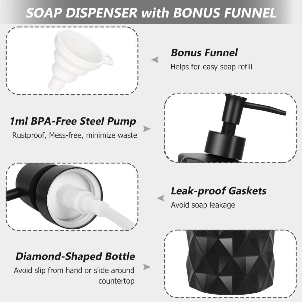 12 Oz Matte Black Glass Soap Dispenser with Stainless Steel Pump & Funnel - Refillable Bathroom & Kitchen Liquid Dispenser for Hand Soap, Lotion, Shampoo | Modern Home & Spa Decor Accessory