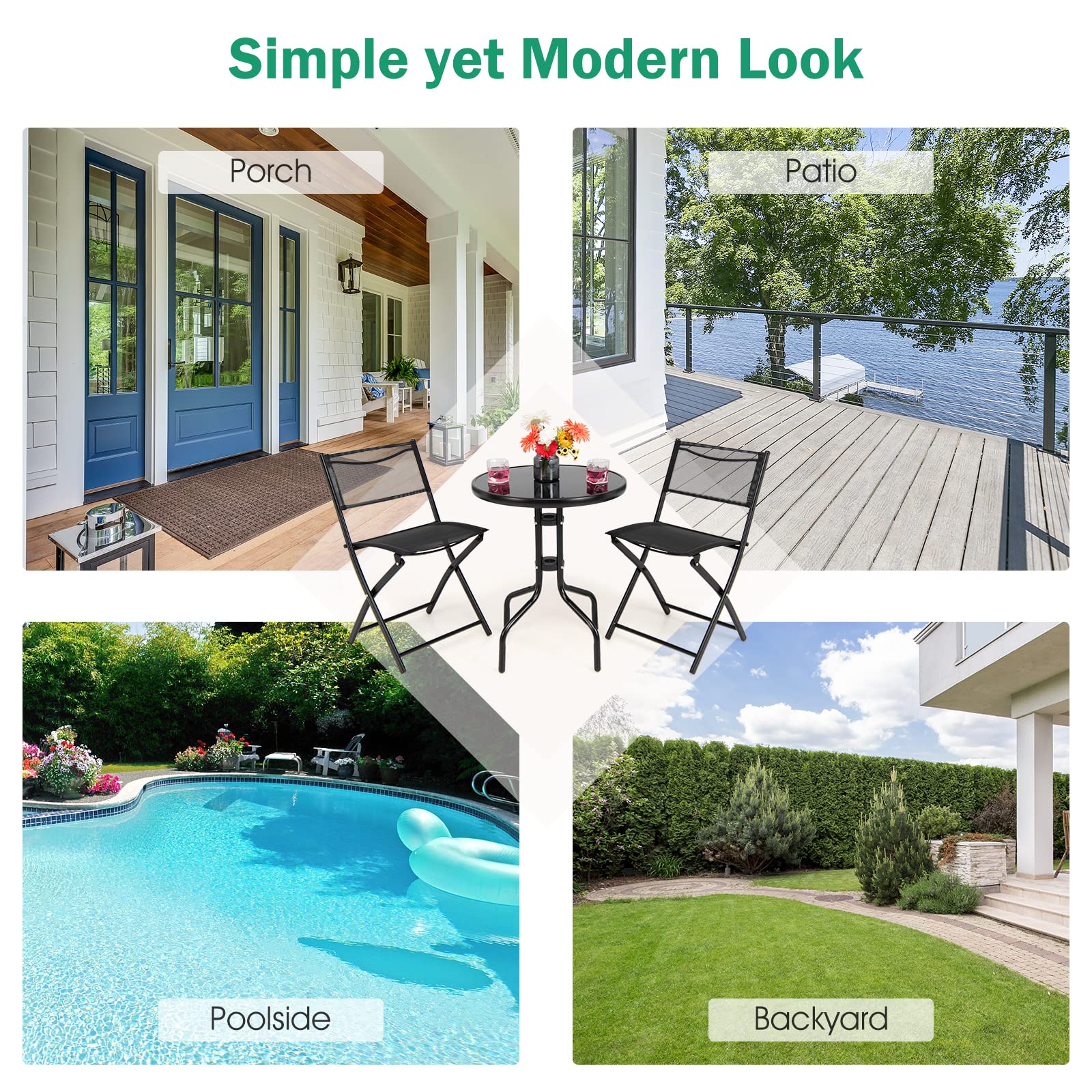 Tangkula 3-Piece Folding Patio Bistro Set - Outdoor Table & Chairs with Tempered Glass Top, Round Dining Set for Garden, Poolside, Backyard & Balcony | Perfect for Small Spaces, BBQs & Outdoor Entertaining