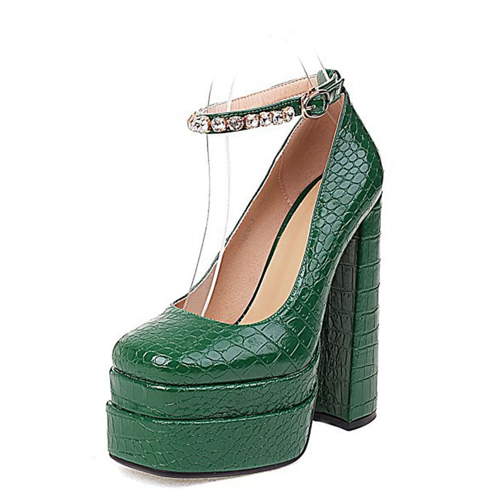 WOilERQ Women's Chunky High Heels - Square Toe Rhinestone Strap Sandals with Thick Sole (4.5cm/1.77in) for Summer Weddings, Parties & Night Out | Comfortable Back Strap & One-Word Buckle Design