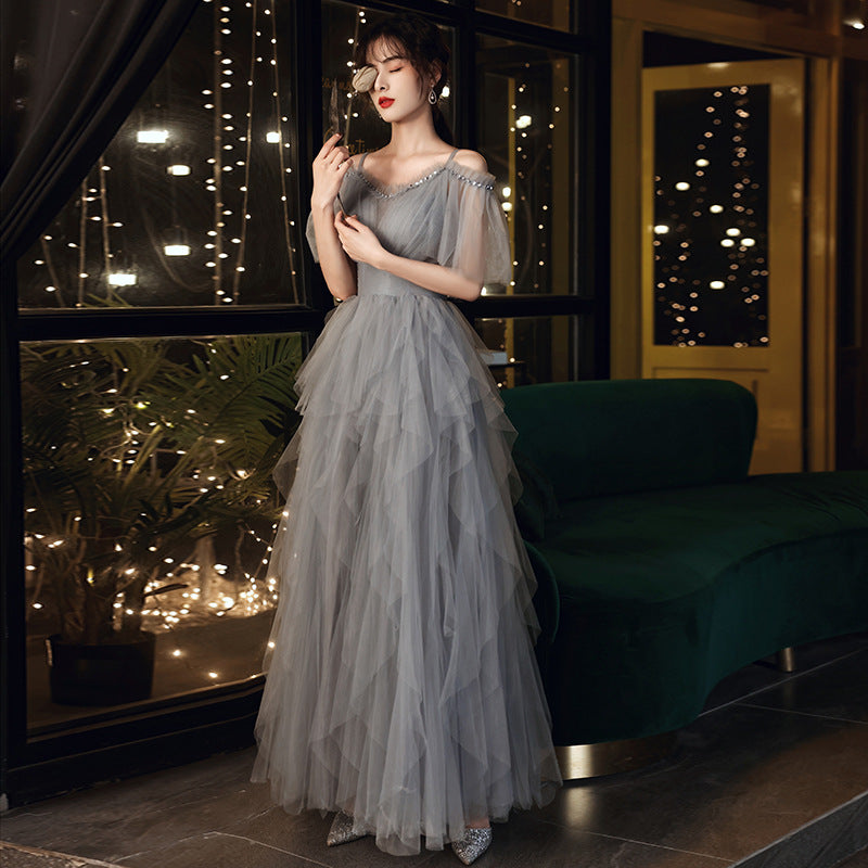 Elegant Gray Tulle Long Prom Dress - A-Line Evening Formal Gown 302 for Homecoming, Wedding & Special Occasions