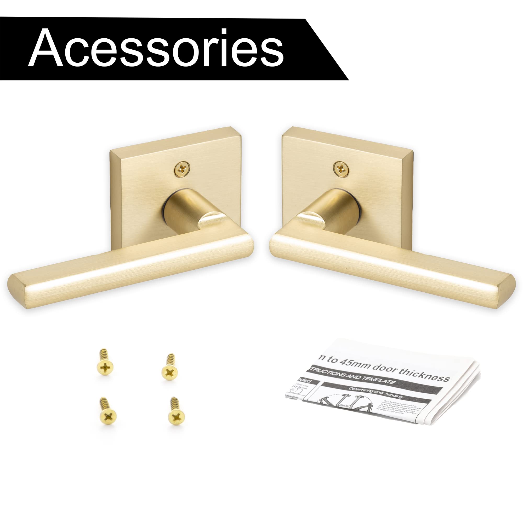 Linkaa Satin Brass Square Dummy Door Handles - Gold Lever Interior for Closet & French Doors (2 Handles, 1 Pack) - Perfect for Bedroom, Bathroom & Cabinet Doors