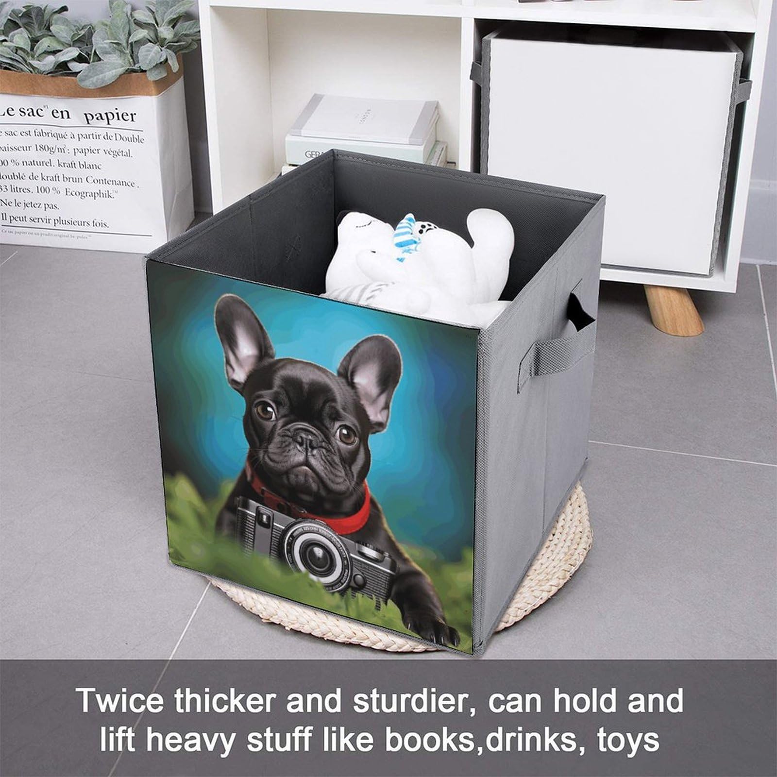 Collapsible Storage Bins 2-Pack - Stackable Foldable Storage Containers with Handles, French Bulldog Design - Home Organization Cube Baskets for Closet, Nursery, Office & Laundry Room Storage Solutions