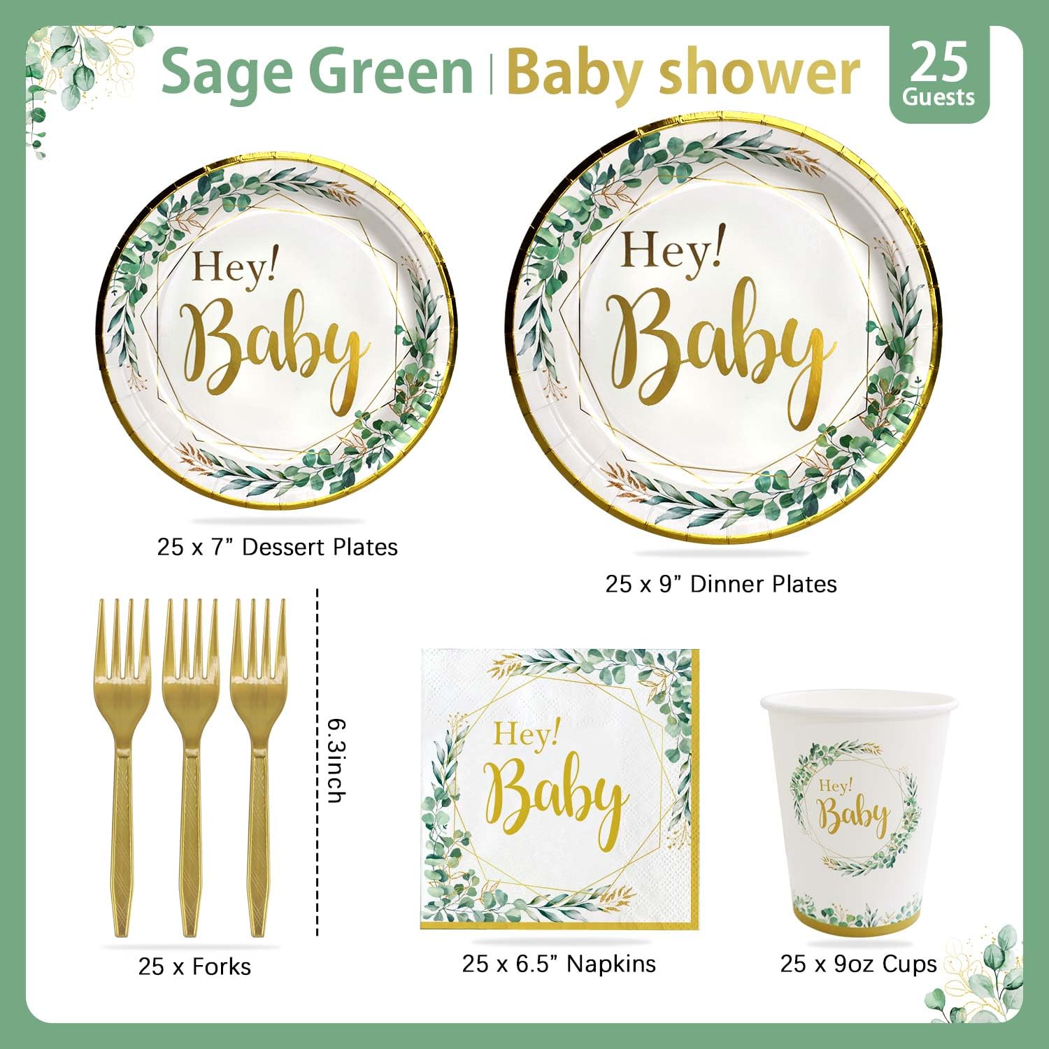 125-Piece Sage Green Baby Shower Tableware Set - Gender Neutral Paper Plates, Cups, Napkins & Forks for 25 Guests | Perfect for Baby Shower Decorations, Gender Reveal Parties & Coed Celebrations