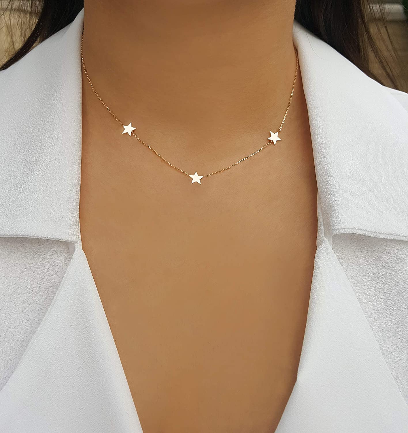14K Gold Triple Star Layering Necklace - Personalized Engraved Initials, Letters & Numbers - Dainty Sideways Charm Necklace for Women - Perfect for Everyday Wear, Gift Giving & Special Occasions