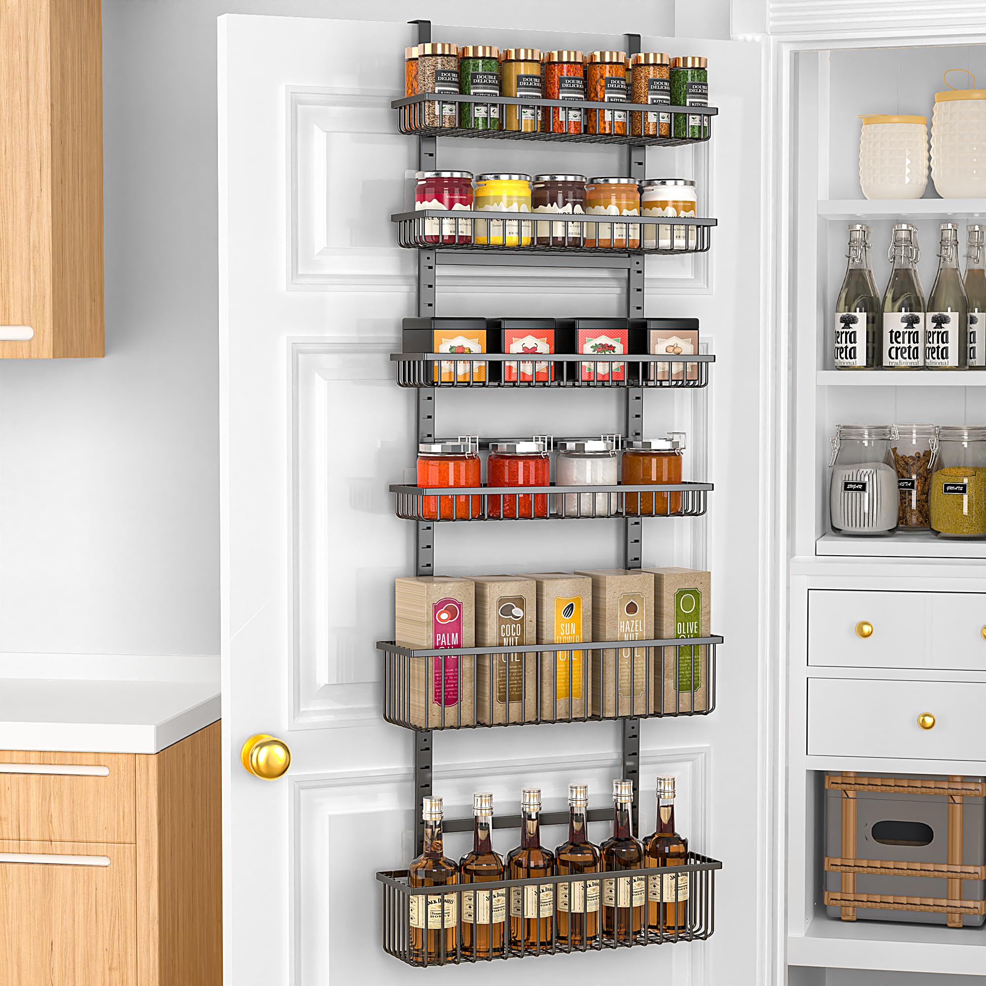 Moforoco 6-Tier Over The Door Pantry Organizer - Space Saving Hanging Storage Basket for Spices, Seasonings & Kitchen Essentials - Perfect for Pantry, Bathroom, Laundry Room & Closet Organization