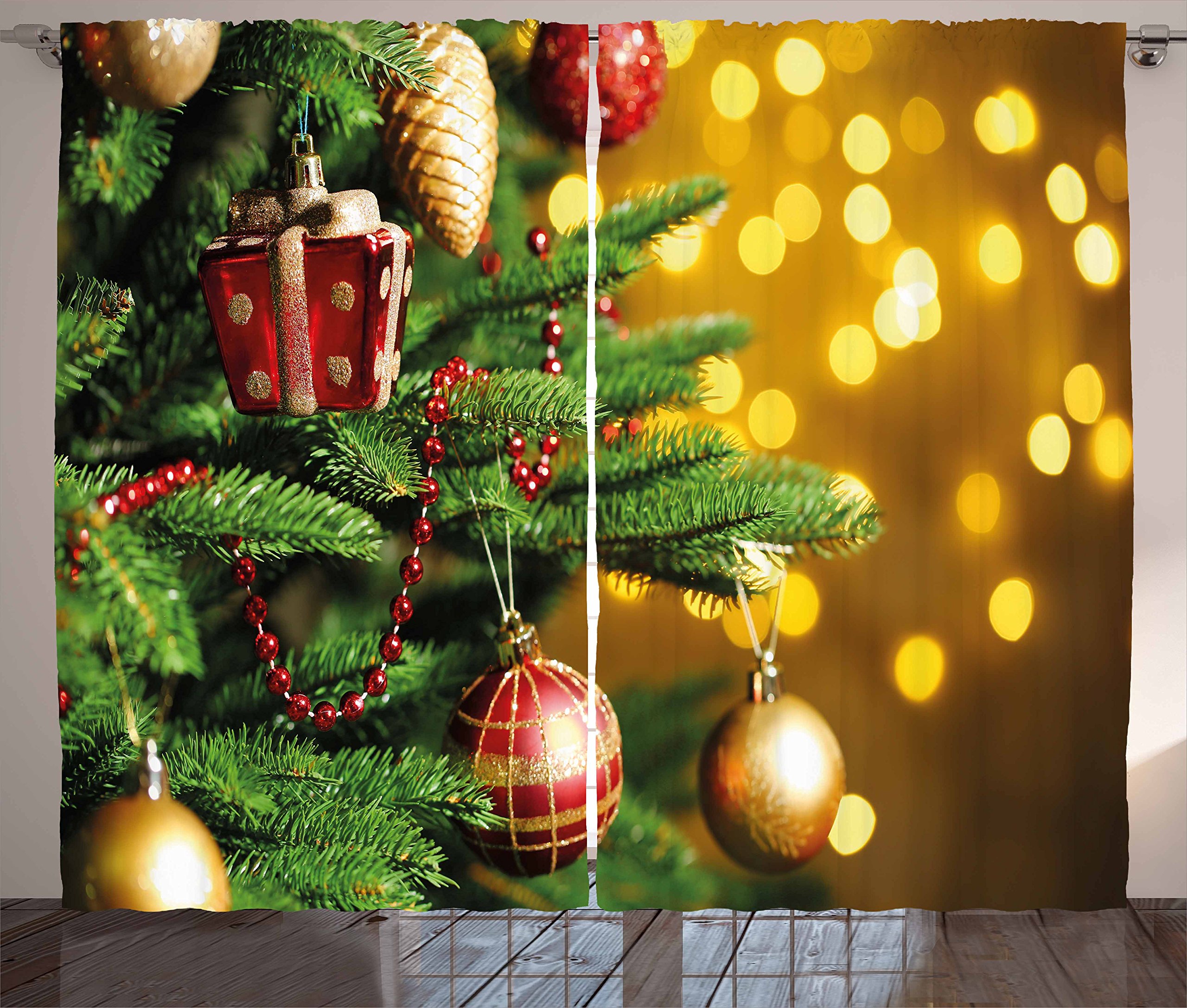 Ambesonne Christmas Curtains - Festive Christmas Tree Branches Design, 2 Panel Window Drapes for Living Room & Bedroom, 108