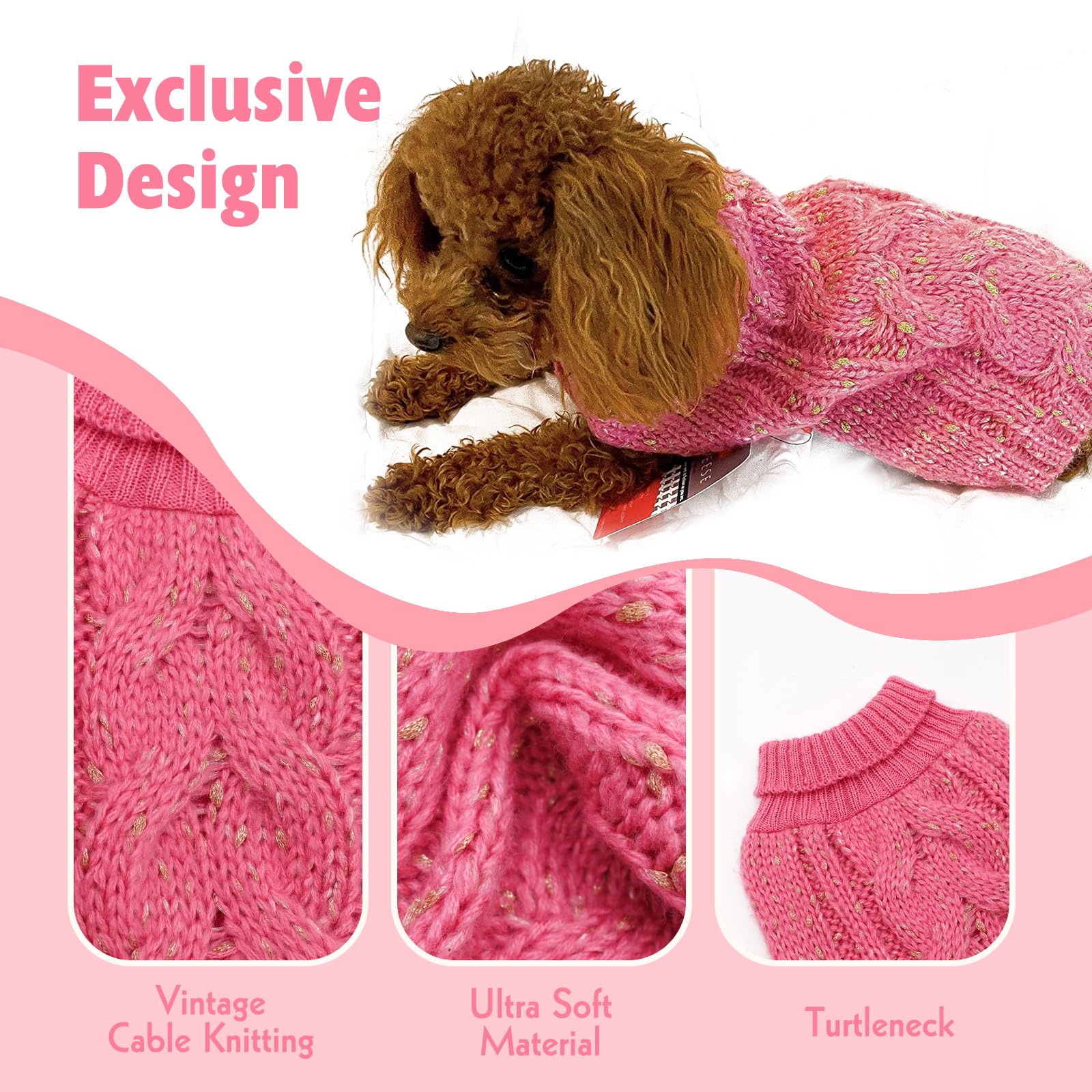 KYEESE Warm Dog Sweater for Small Dogs - Turtleneck Knit Pullover Coat with Golden Yarn for Fall & Winter | Cozy Pink X-Small Dog Clothing for Indoor Comfort & Outdoor Walks