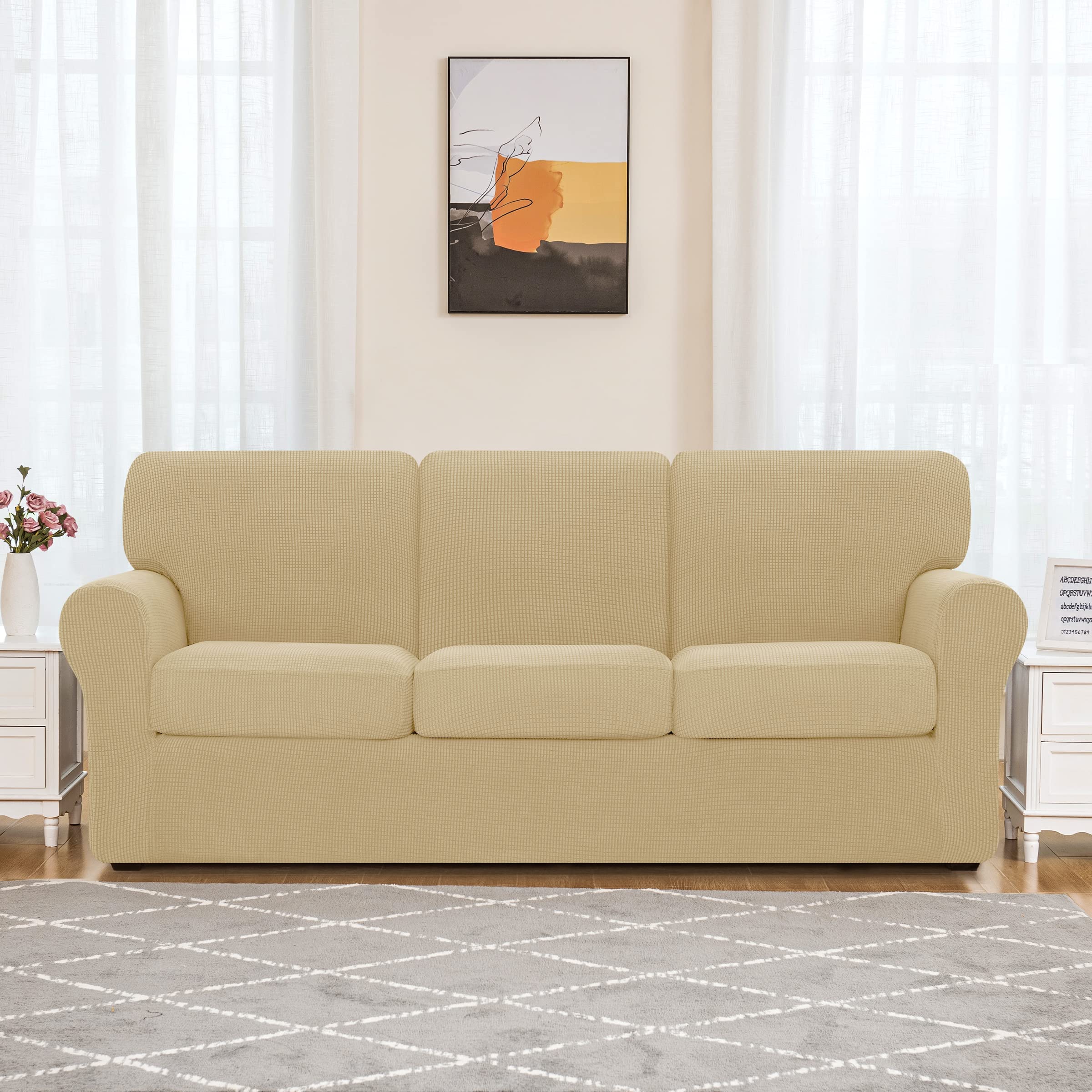 SUBRTEX 5-Piece Loveseat Cover & 7-Piece Sofa Cover Set - Stretchable Couch Slipcovers with Separate Backrest & Cushion Covers - Khaki Living Room Furniture Protector for Medium & Large Couches - Perfect for Home Decor, Pet Protection, and Daily Use