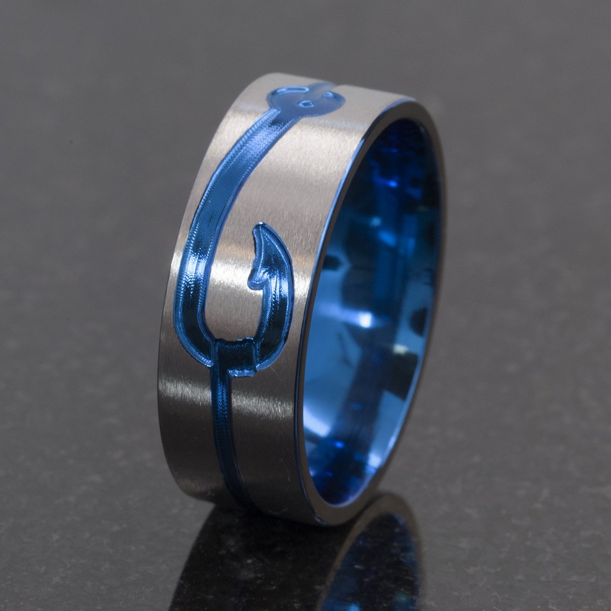 Blue Titanium Fishing Ring - Durable Fish Hook Jewelry for Men & Women, Handcrafted Outdoor Wedding Band, Unique Fishing Gift for Anglers - Perfect for Camping, Hiking & Outdoor Adventures
