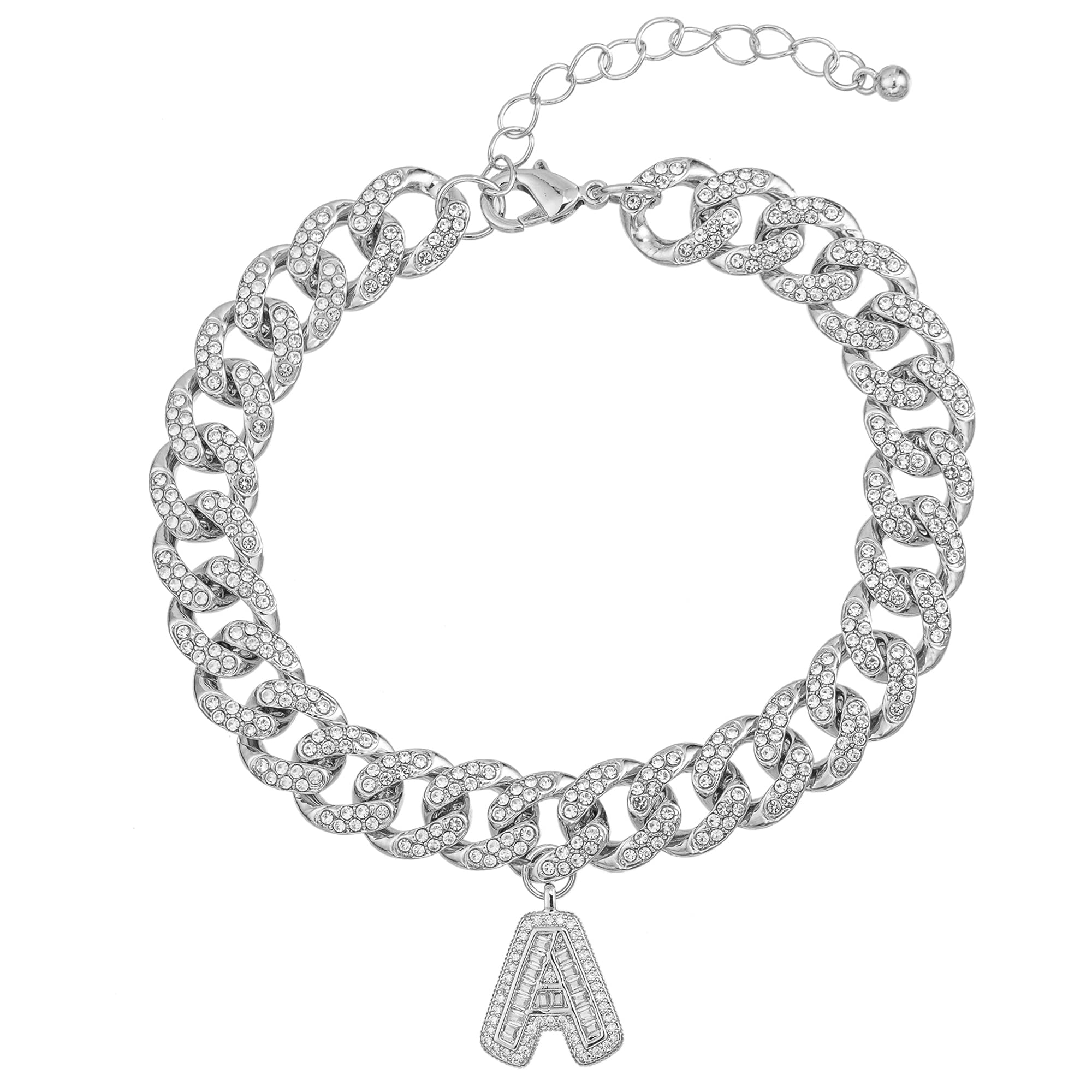 18K White Gold Plated Cuban Link Ankle Bracelet for Women & Men - Iced Out Two Line Rhinestones, Cubic Zirconia Inlay, 26 Letter Initials - Perfect for Parties, Weddings & Everyday Elegance